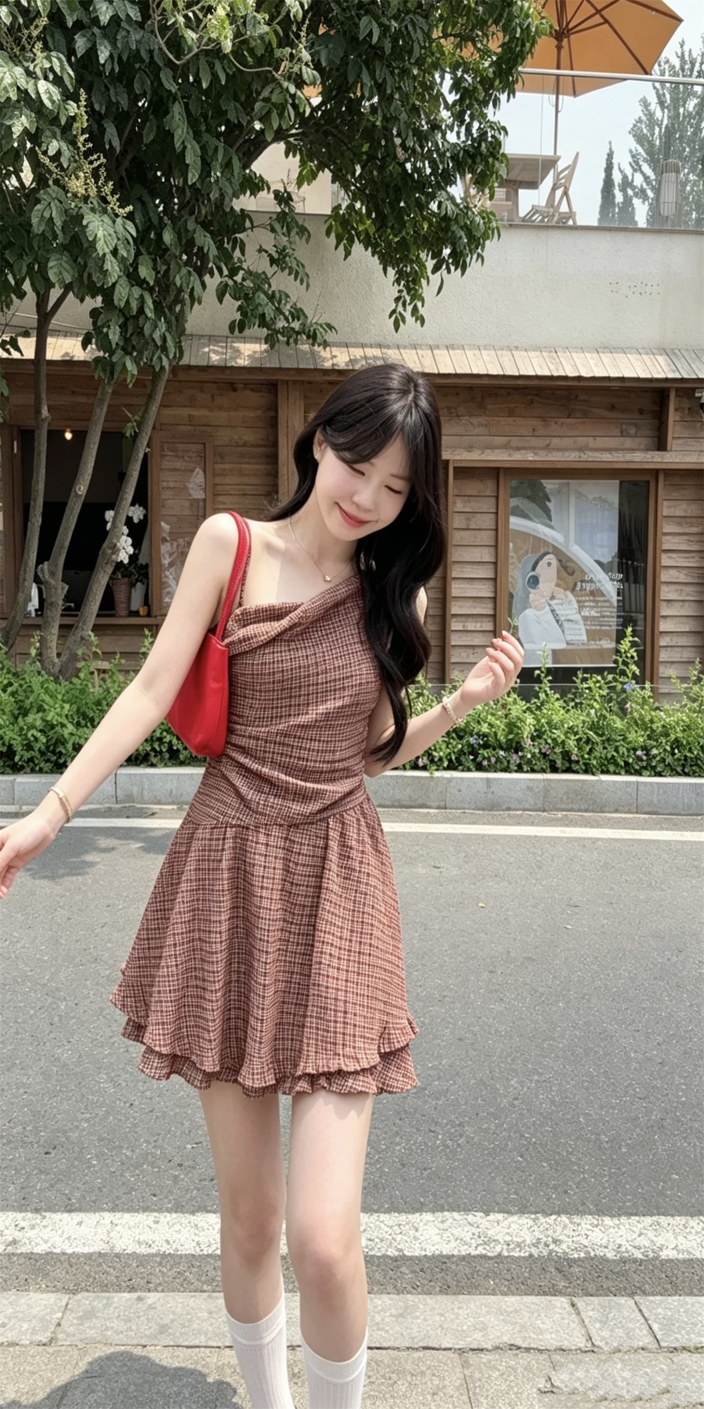 실사 정가 달콤함 레트로 흔들다 칼라 체크무늬 몸매 가꾸기 드레스 상세 이미지 3