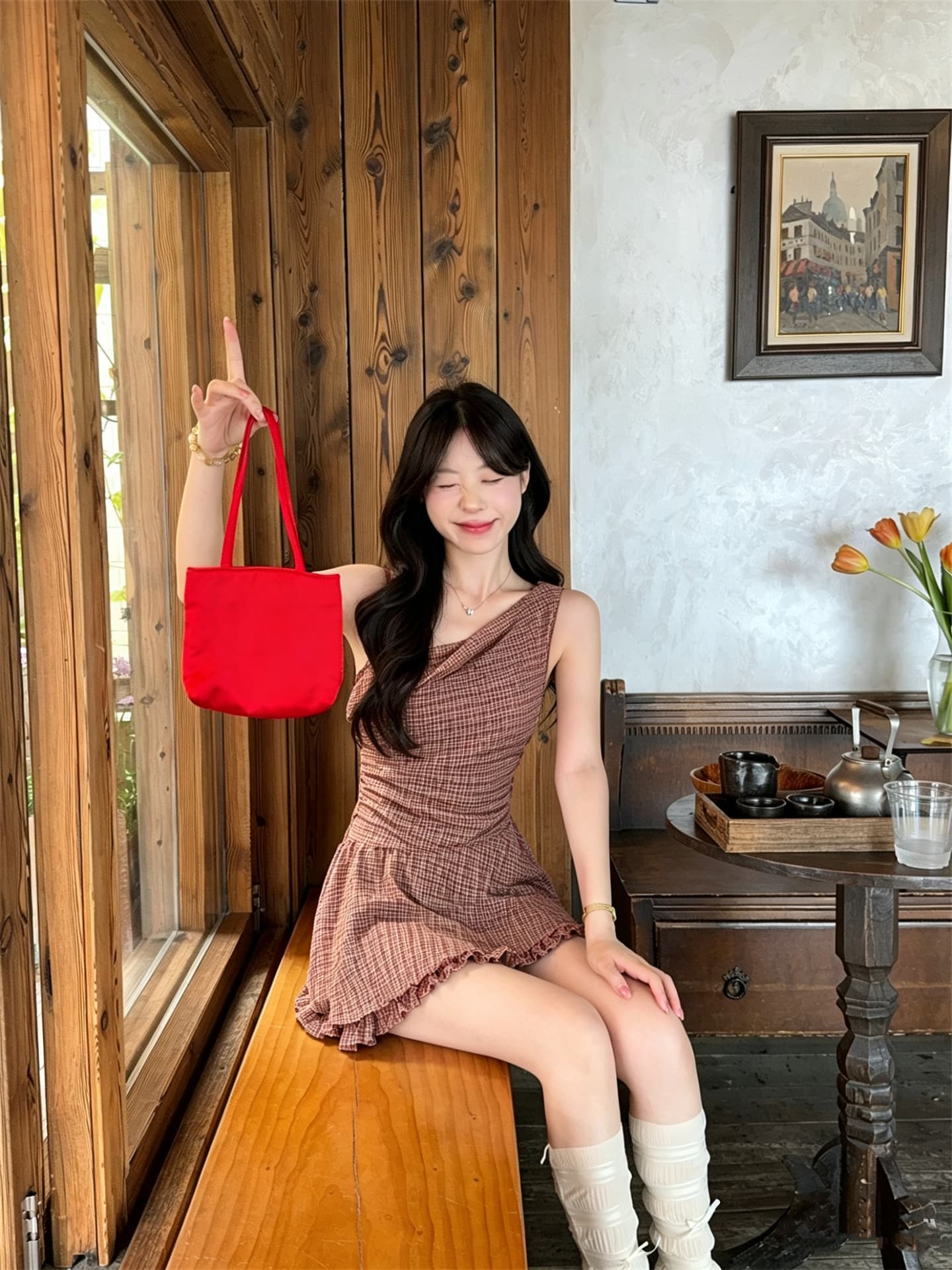실사 정가 달콤함 레트로 흔들다 칼라 체크무늬 몸매 가꾸기 드레스 상세 이미지 5