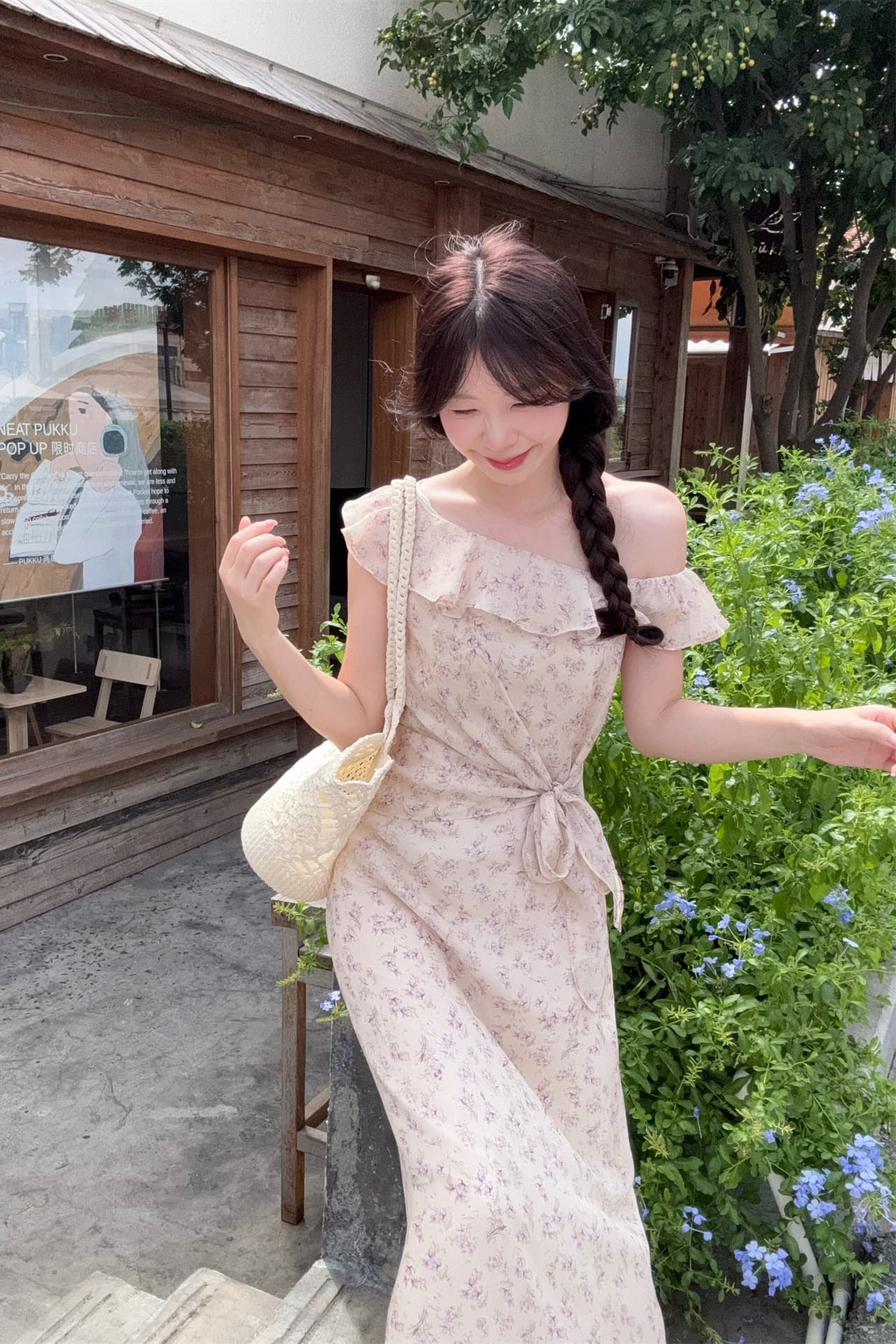 실사 정가 부드러운 휴가 바람 비스듬한 어깨 작은 꽃무늬 프릴 오프숄더 드레스 이미지 5