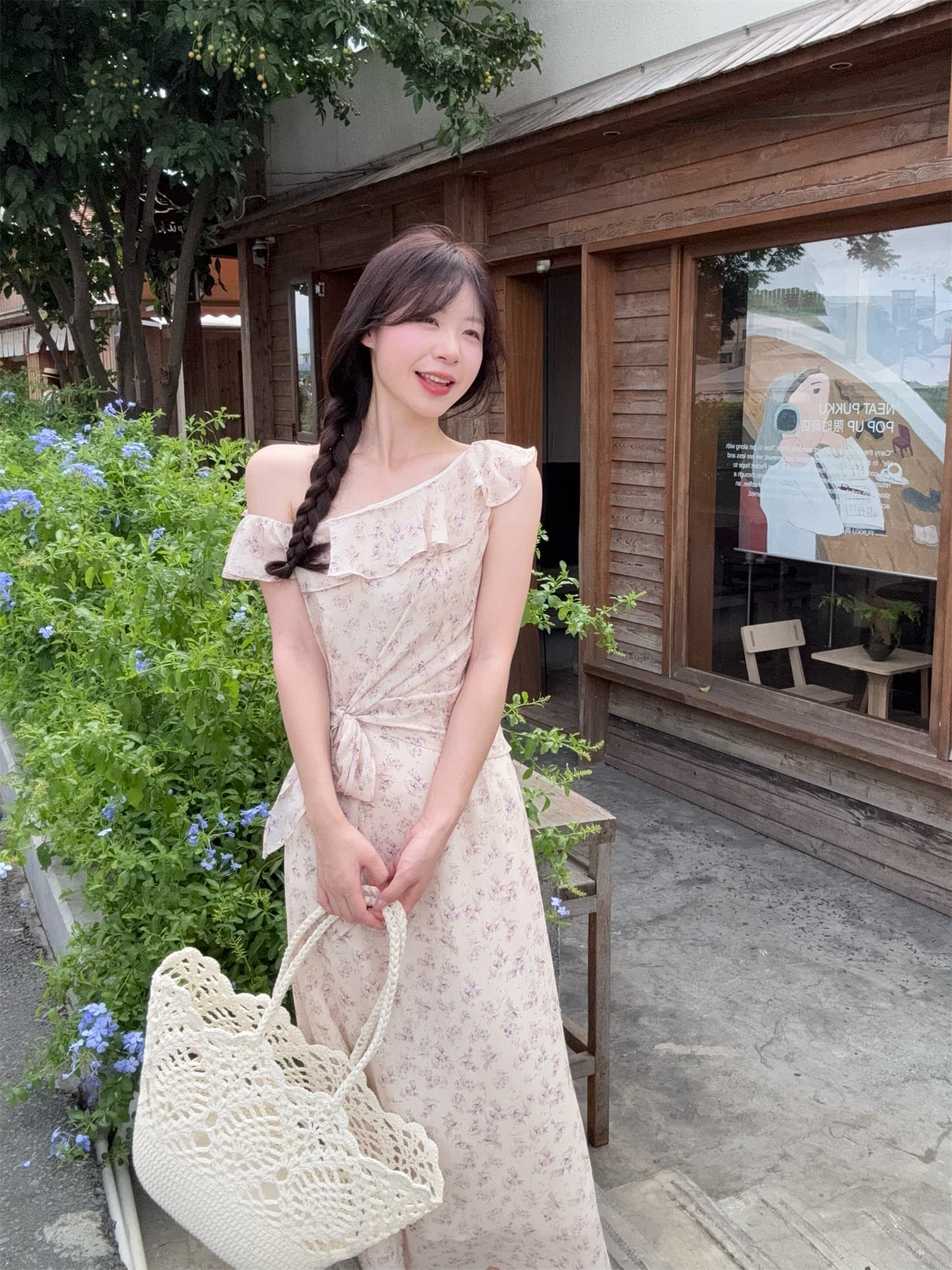 실사 정가 부드러운 휴가 바람 비스듬한 어깨 작은 꽃무늬 프릴 오프숄더 드레스 상세 이미지 3