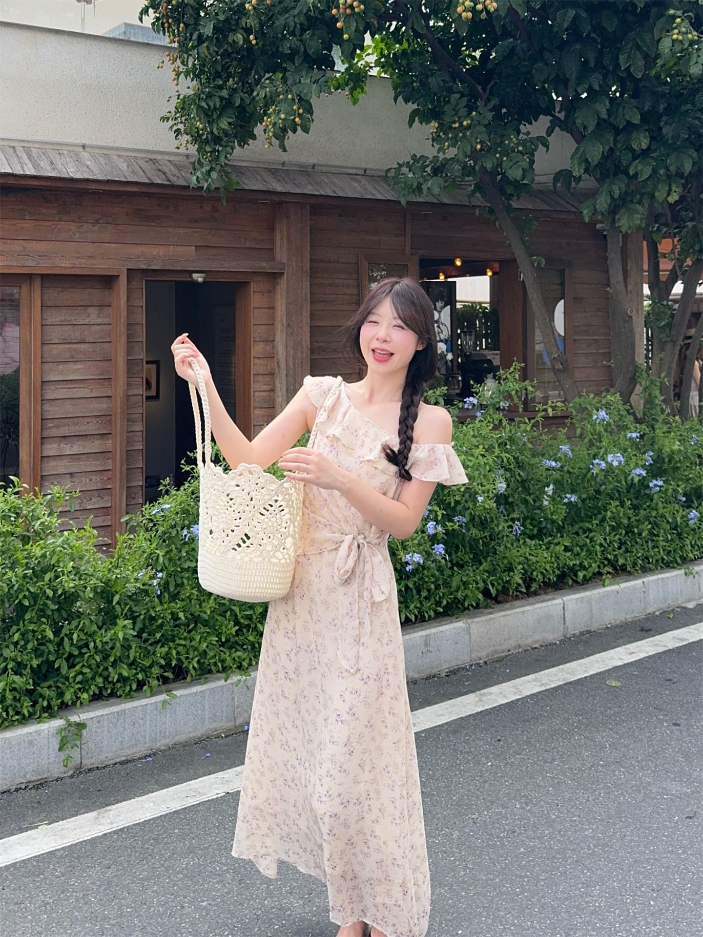 실사 정가 부드러운 휴가 바람 비스듬한 어깨 작은 꽃무늬 프릴 오프숄더 드레스 상세 이미지 8