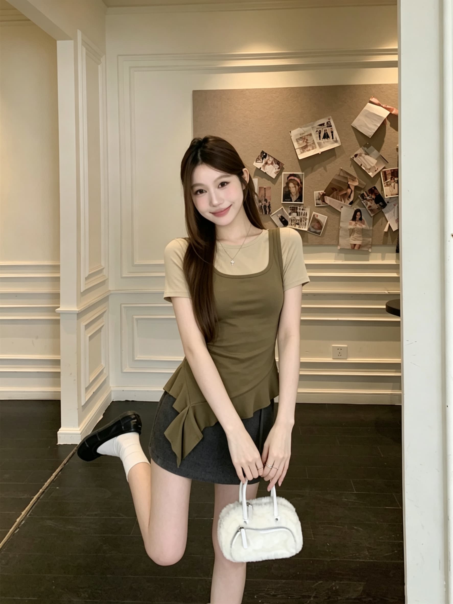 실사 정가 달콤함 디자인 센스 배색 페이크 레이어드 프릴 불규칙 리본 반팔 맨위