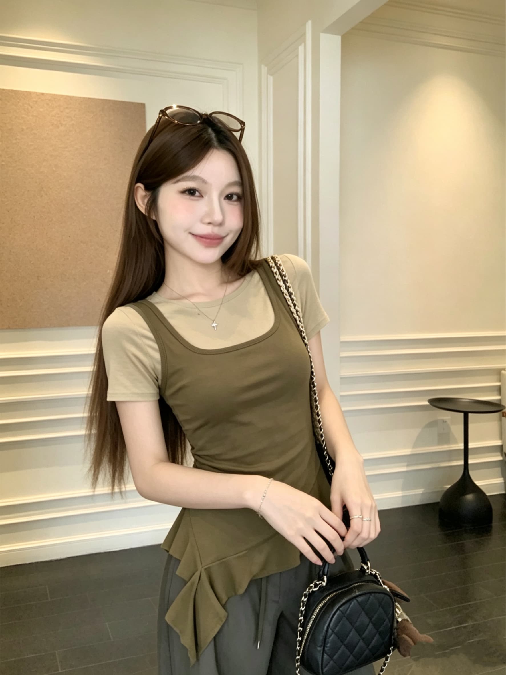 실사 정가 달콤함 디자인 센스 배색 페이크 레이어드 프릴 불규칙 리본 반팔 맨위 이미지 4