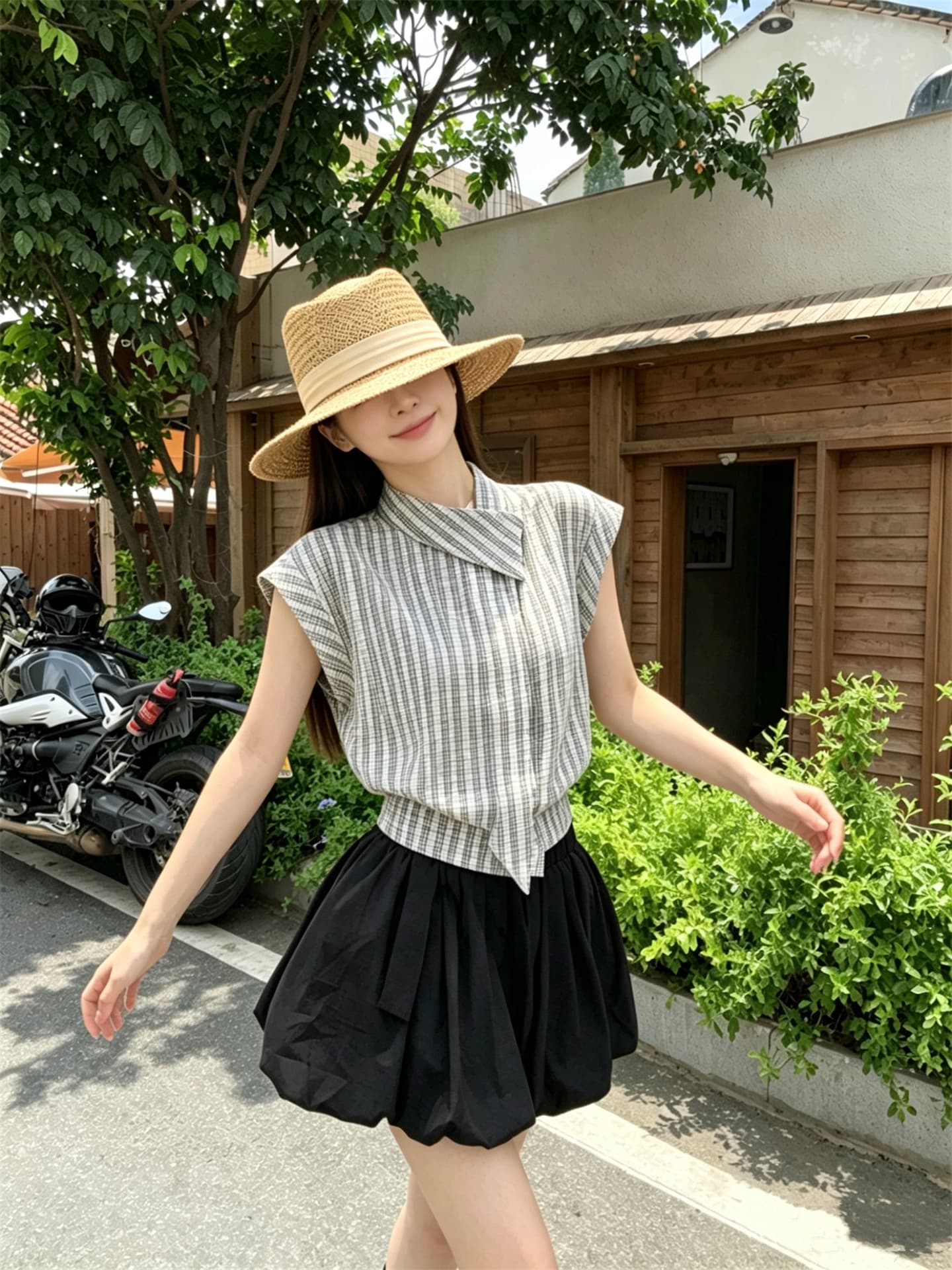 실사 정가 달콤함 Feifei 소매 디자인 센스 불규칙 스트라이프 셔츠 허리밴드 꽃잎 반바지 이미지 4