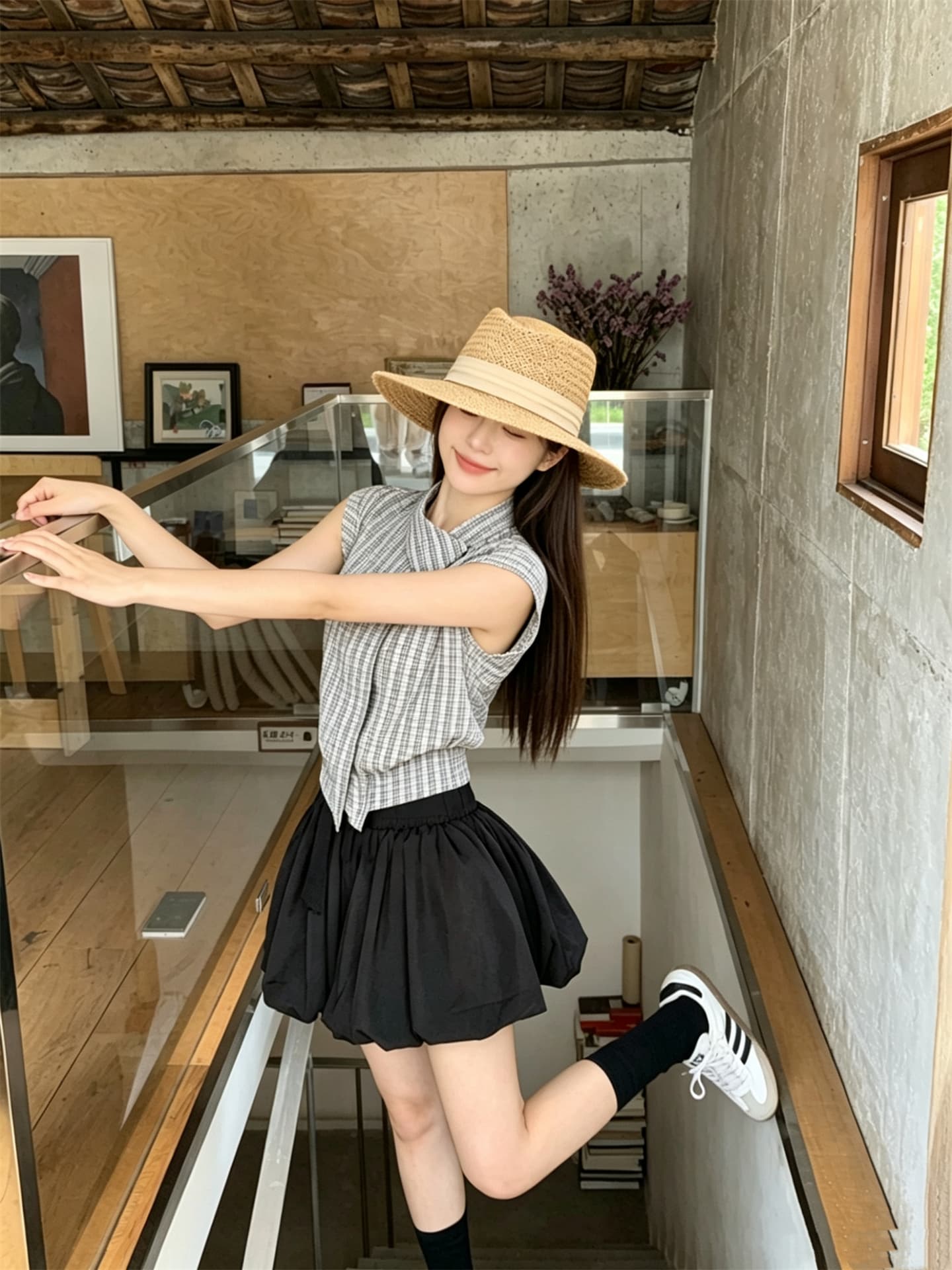 실사 정가 달콤함 Feifei 소매 디자인 센스 불규칙 스트라이프 셔츠 허리밴드 꽃잎 반바지 상세 이미지 4