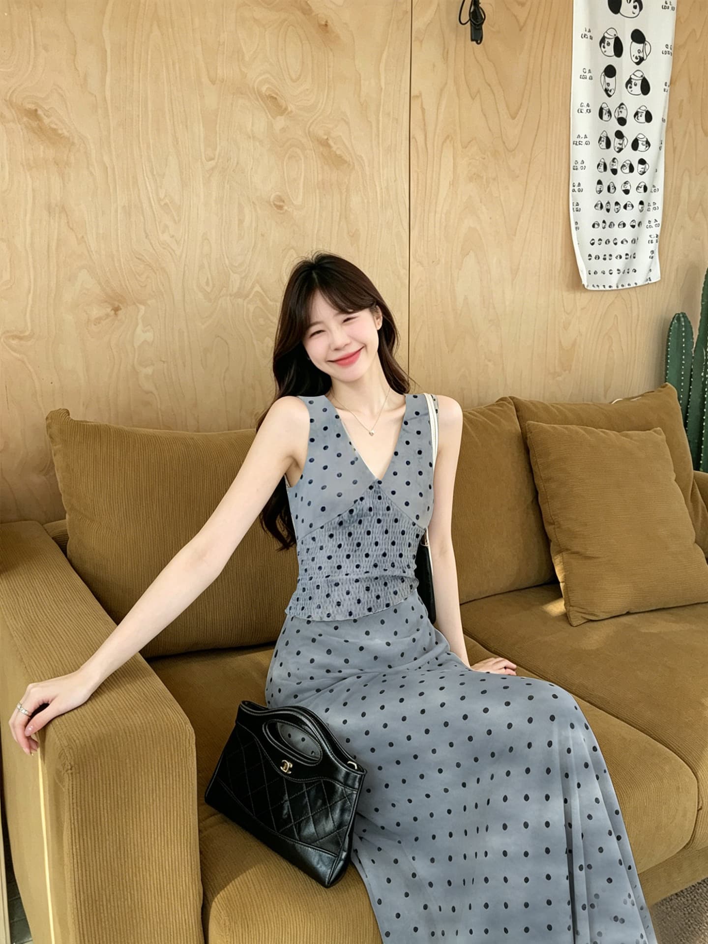 실사 정가 순수한 욕망 달콤한 매운맛 레트로 도트 무늬 조끼 헤일로 염색 공예 허리 수축 슬림해 보이는 반신 스커트 투피스 슈트 상세 이미지 2