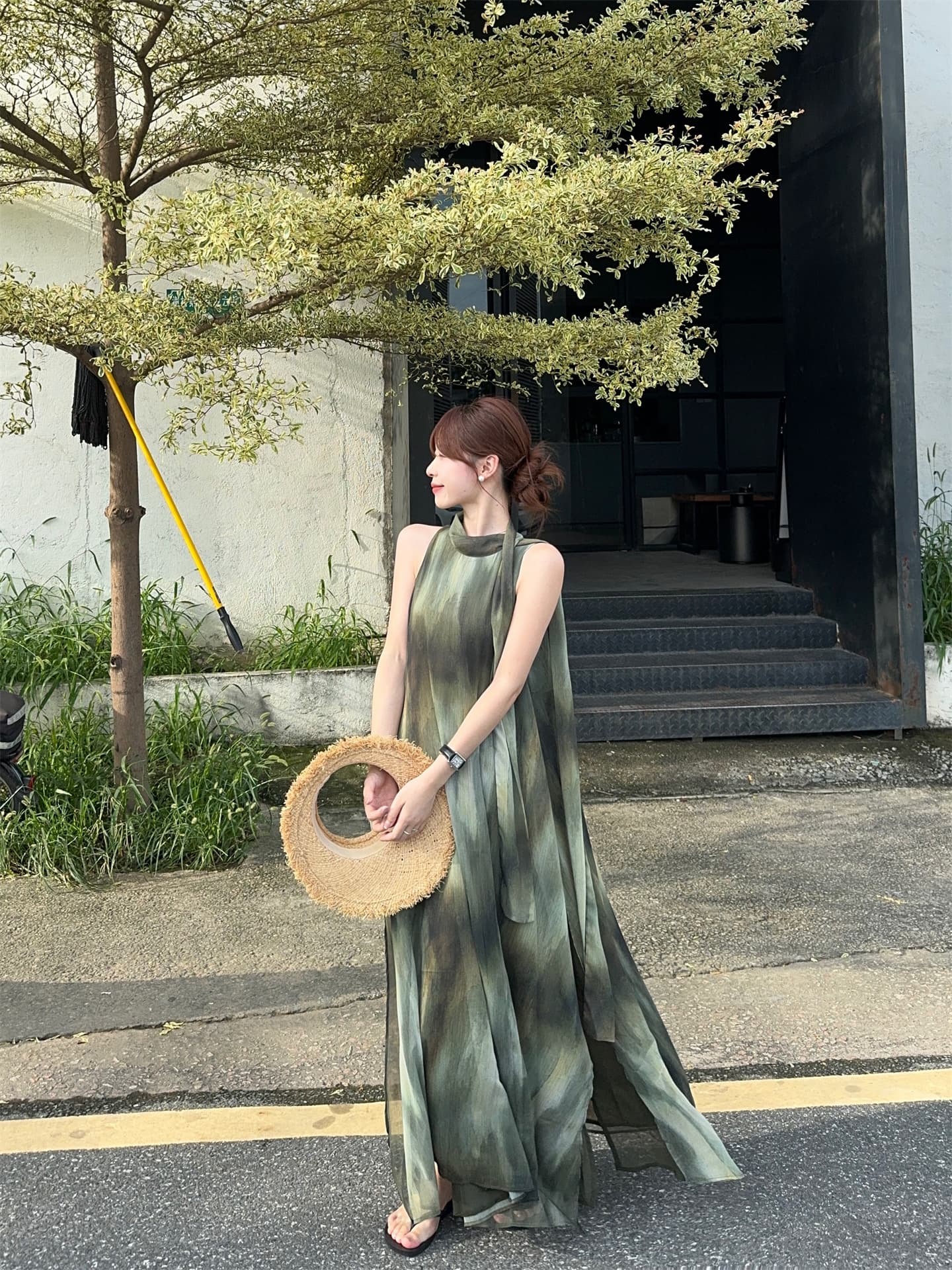실사 정가 느긋한 휴가 바람 디자인 센스 홀치기 염색 V넥 행침 목 민소매 조끼 원피스