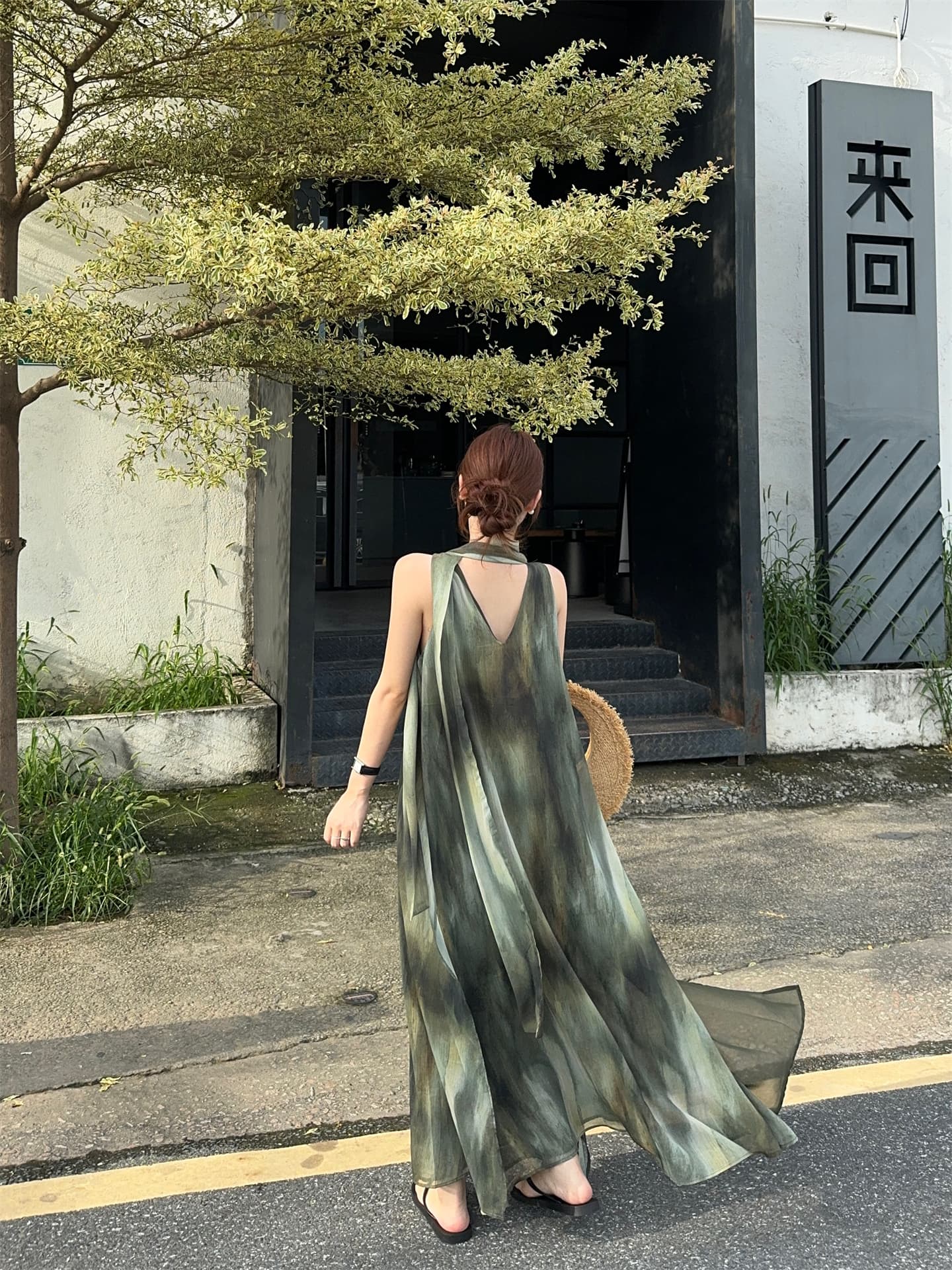 실사 정가 느긋한 휴가 바람 디자인 센스 홀치기 염색 V넥 행침 목 민소매 조끼 원피스 이미지 3