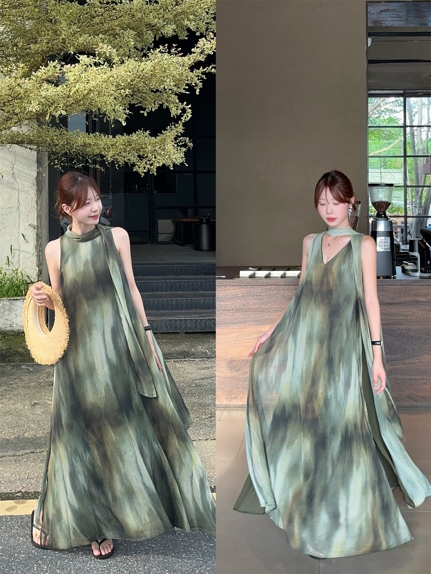 실사 정가 느긋한 휴가 바람 디자인 센스 홀치기 염색 V넥 행침 목 민소매 조끼 원피스 상세 이미지 15