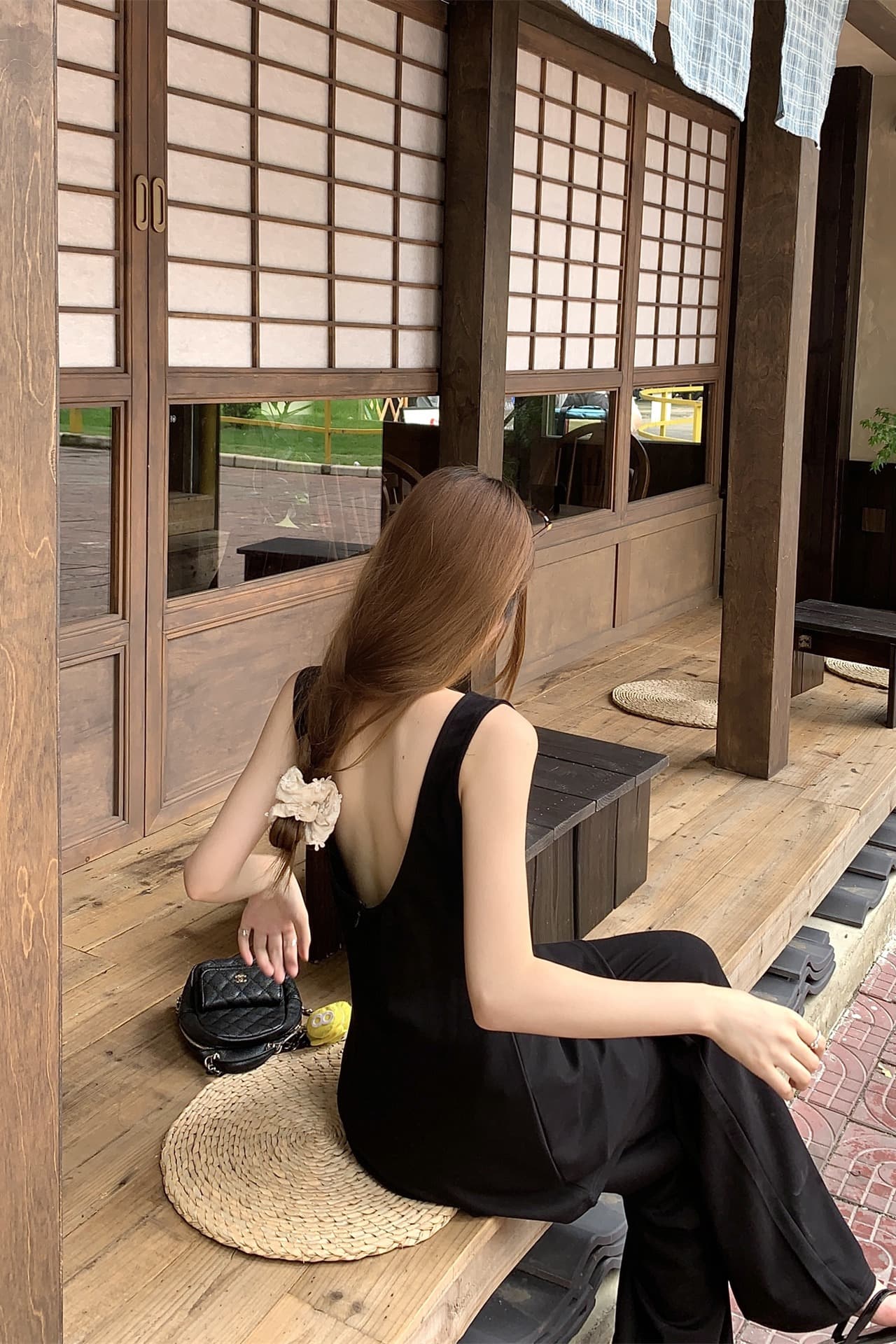 실사 정가 순수한 욕망 미니멀리즘 검정색 백리스 민소매 조끼 원피스 스트레이트 얼음 센스 긴 바지 투피스 슈트 이미지 5