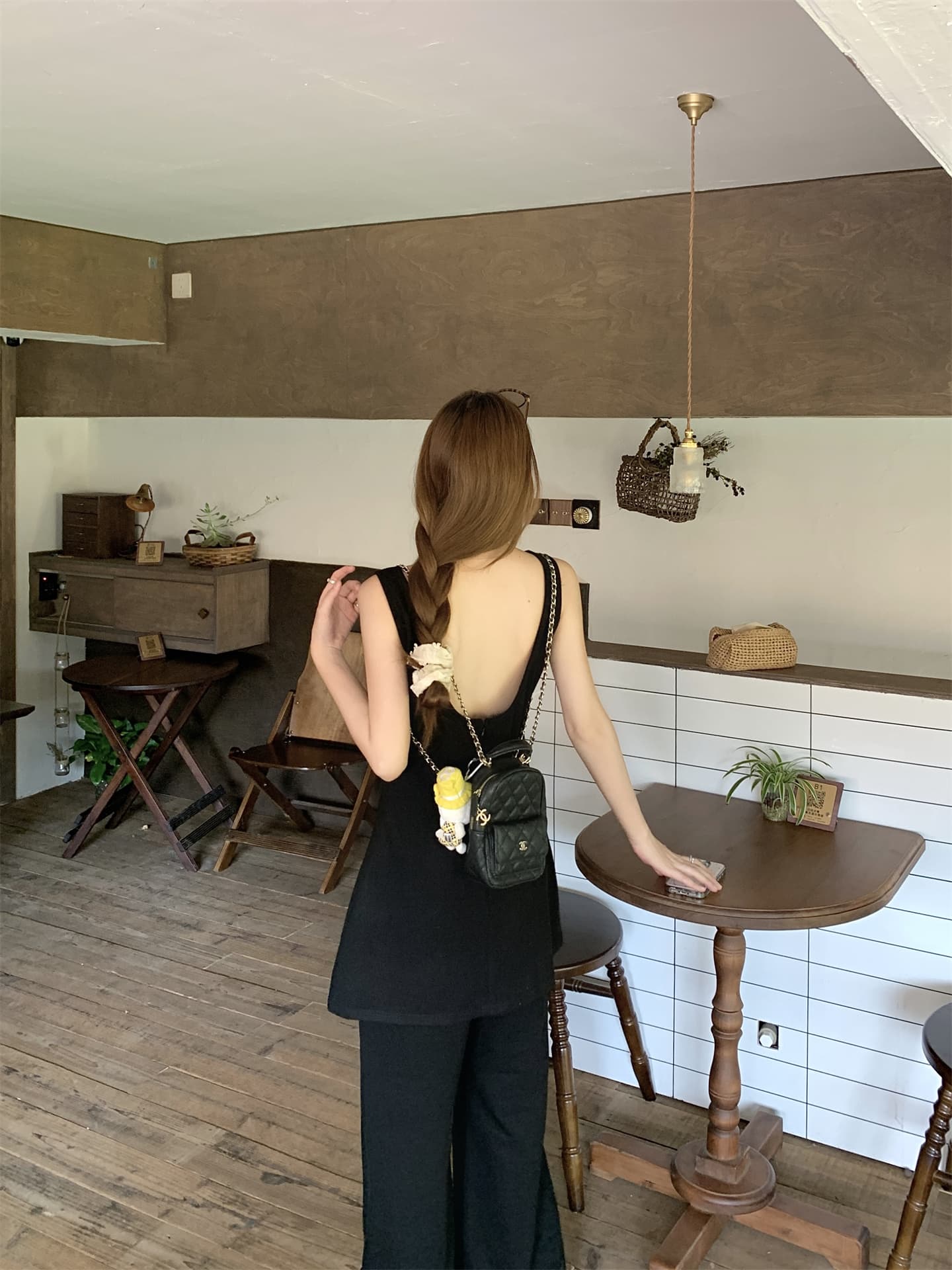 실사 정가 순수한 욕망 미니멀리즘 검정색 백리스 민소매 조끼 원피스 스트레이트 얼음 센스 긴 바지 투피스 슈트 상세 이미지 1