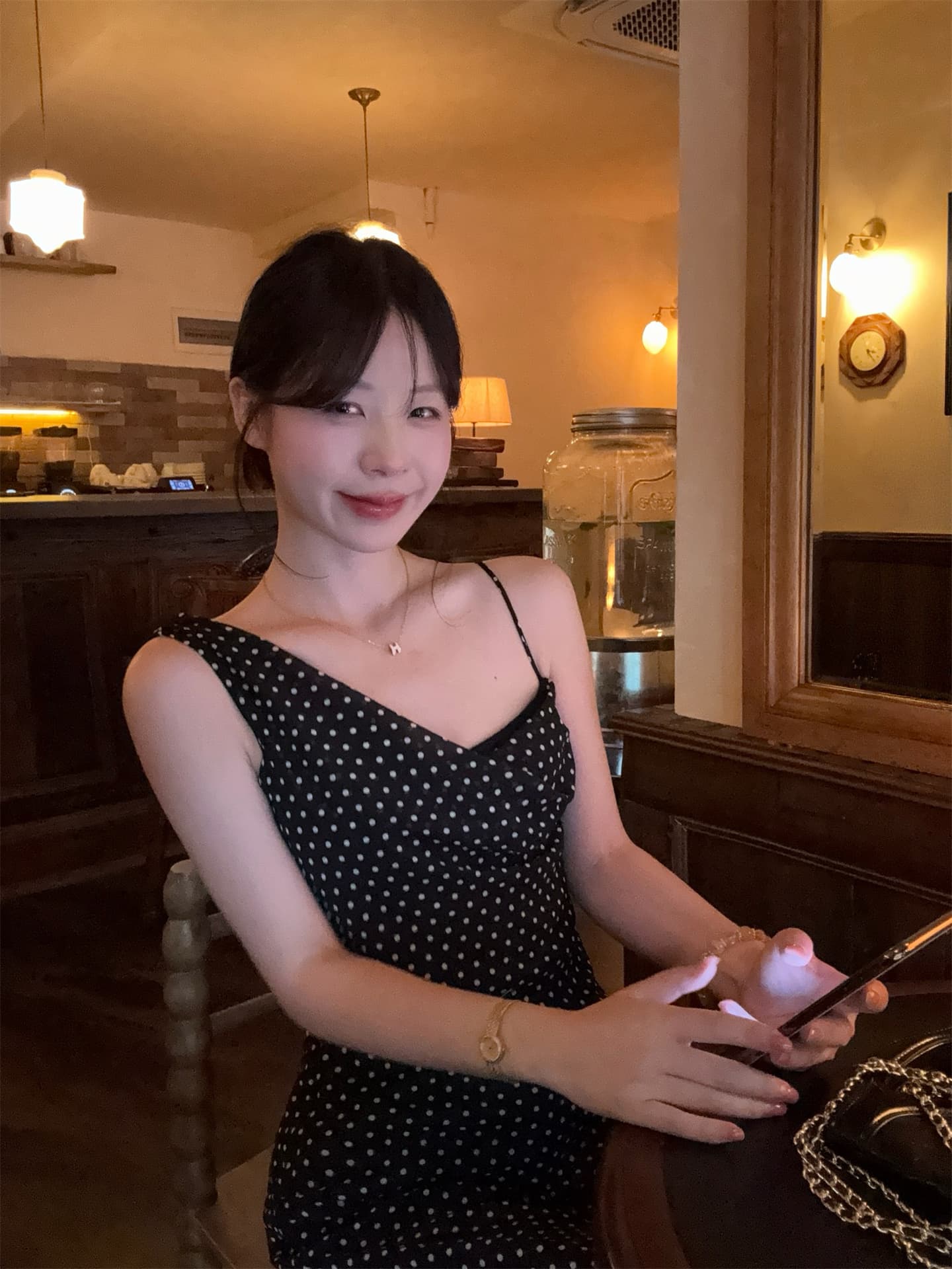 실사 정가 순수한 욕망 달콤한 핫걸 디자인 센스 이슬 고형선 어깨 슬립 도트 무늬 드레스 상세 이미지 3