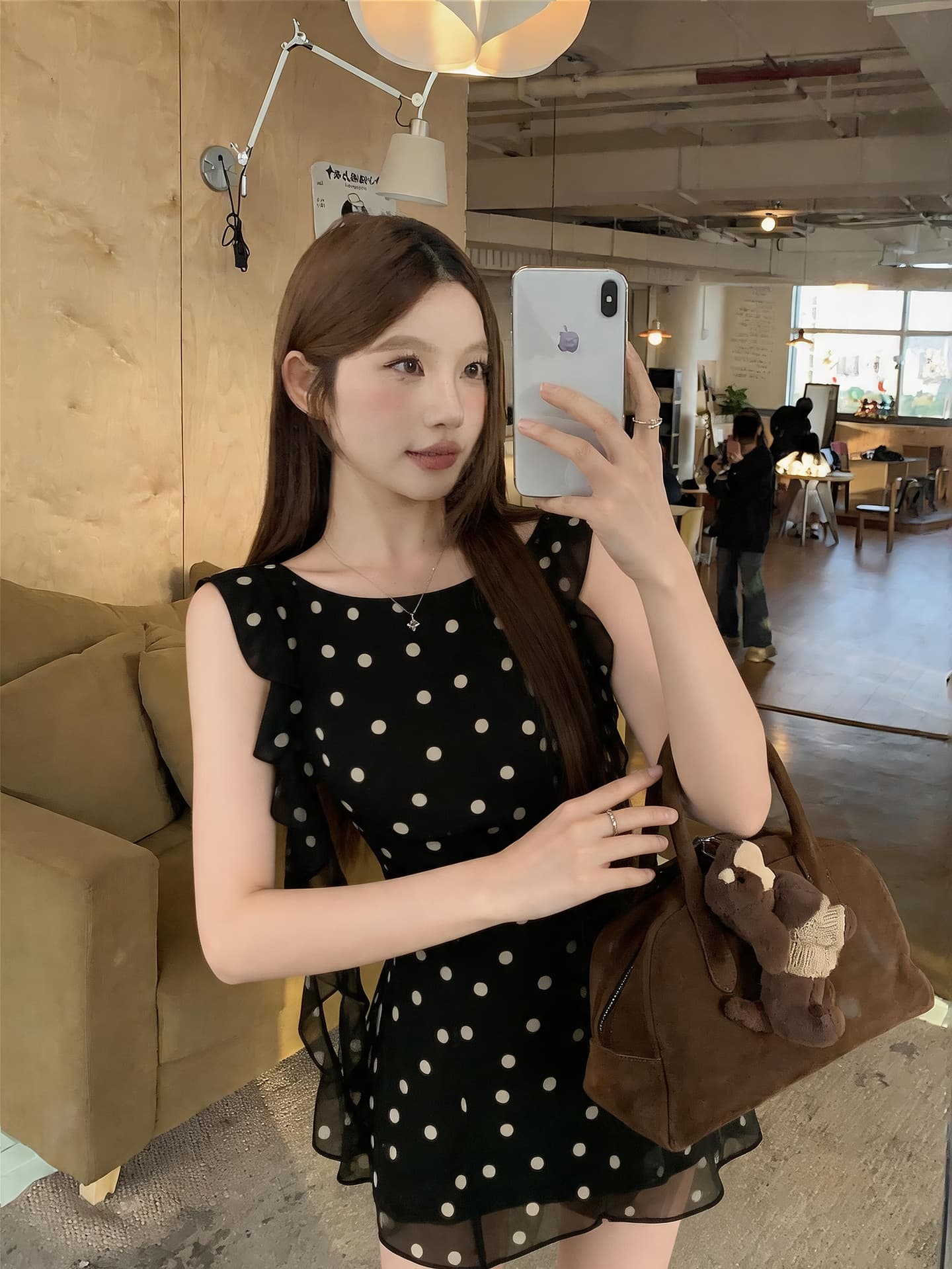 실사 대 물품 순수한 욕망 달콤한 매운맛 프릴 도트 무늬 몸매 가꾸기 품격 리본 드레스 상세 이미지 3