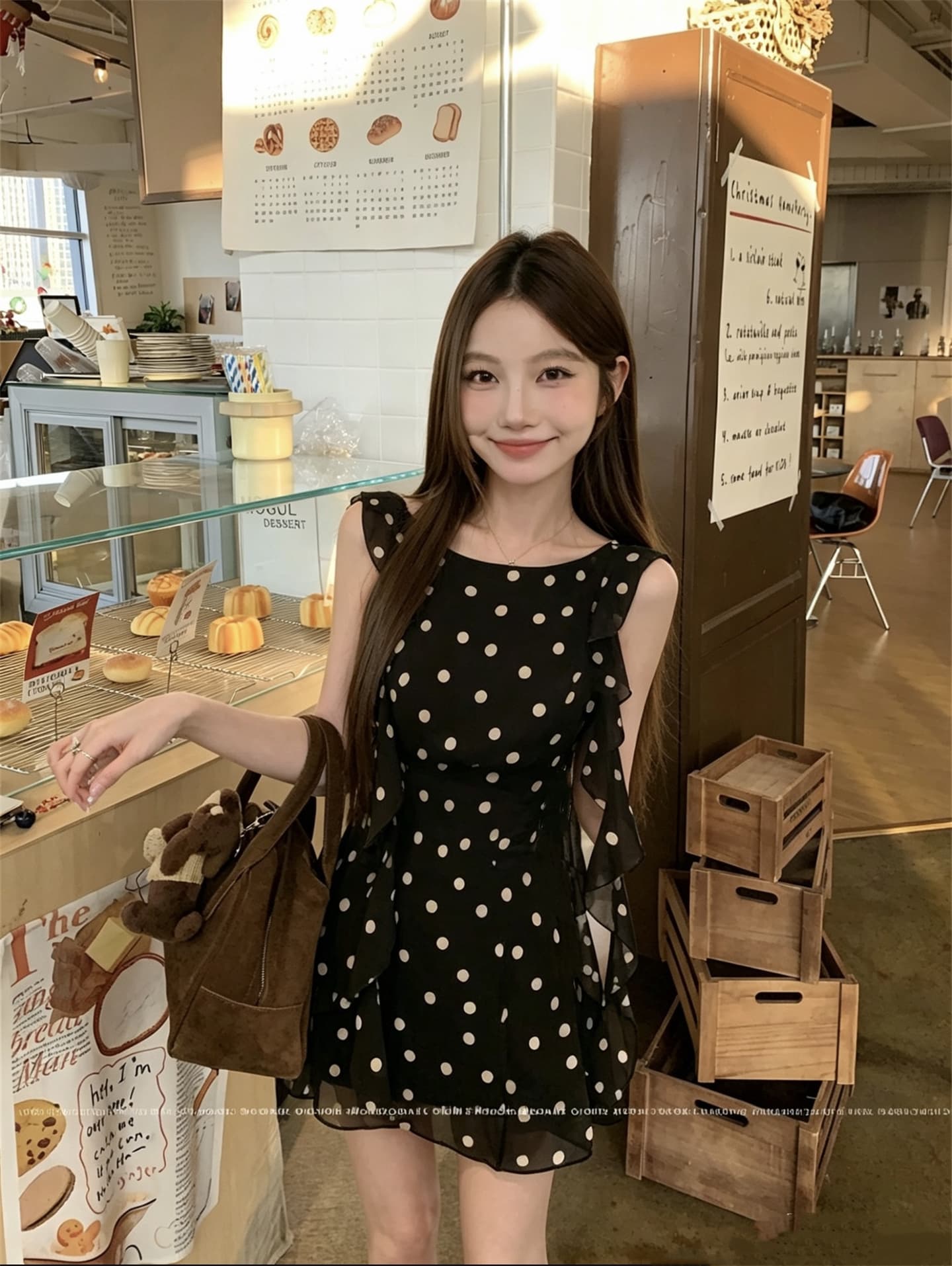 실사 대 물품 순수한 욕망 달콤한 매운맛 프릴 도트 무늬 몸매 가꾸기 품격 리본 드레스 상세 이미지 4