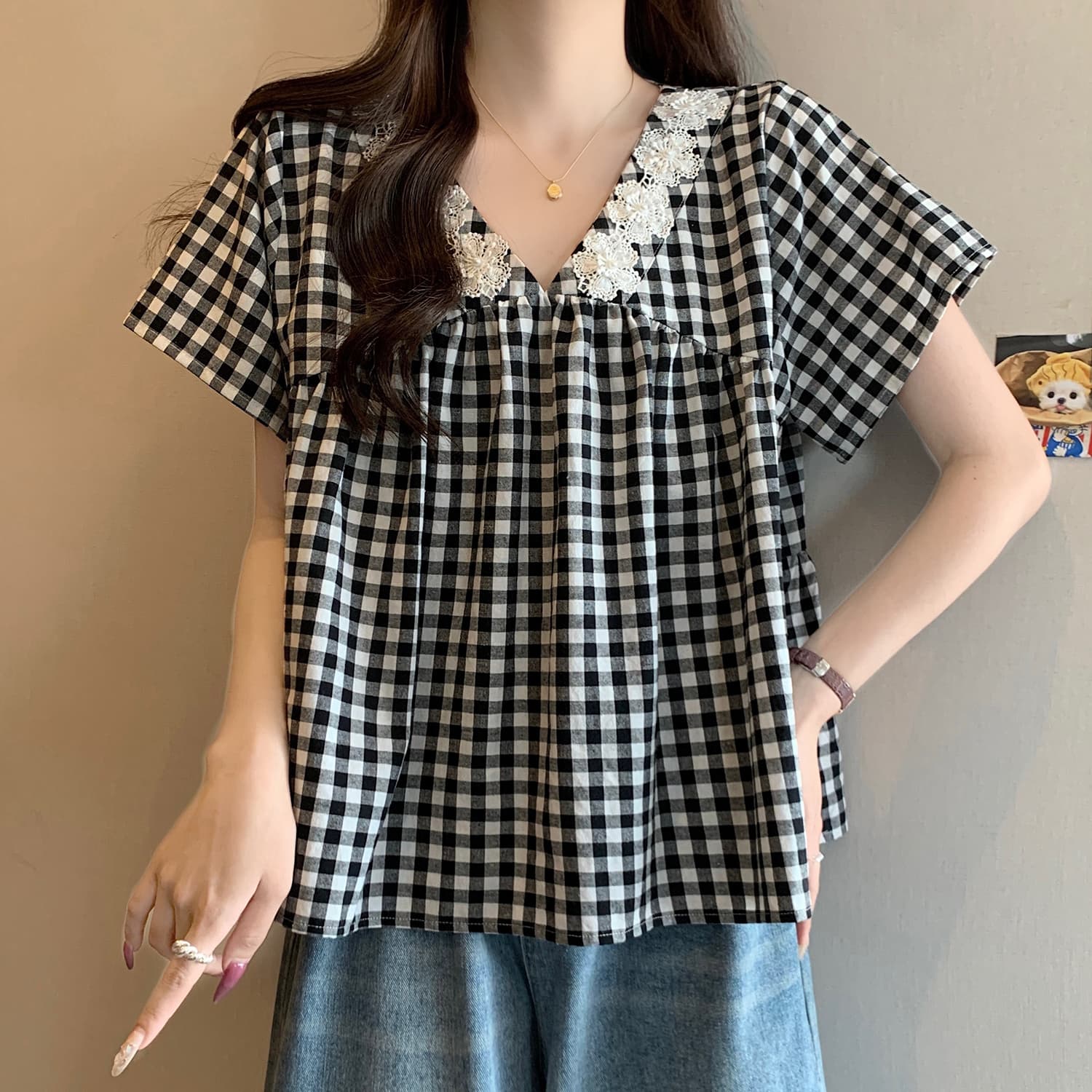 실사 지방 mm 여름 새로운 패션 긍정적 인 어깨 루즈핏 종류 진주 꽃 주름 반팔 셔츠 편안함 맨위 이미지 5