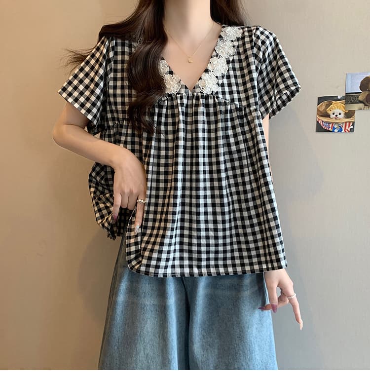 실사 지방 mm 여름 새로운 패션 긍정적 인 어깨 루즈핏 종류 진주 꽃 주름 반팔 셔츠 편안함 맨위 상세 이미지 11
