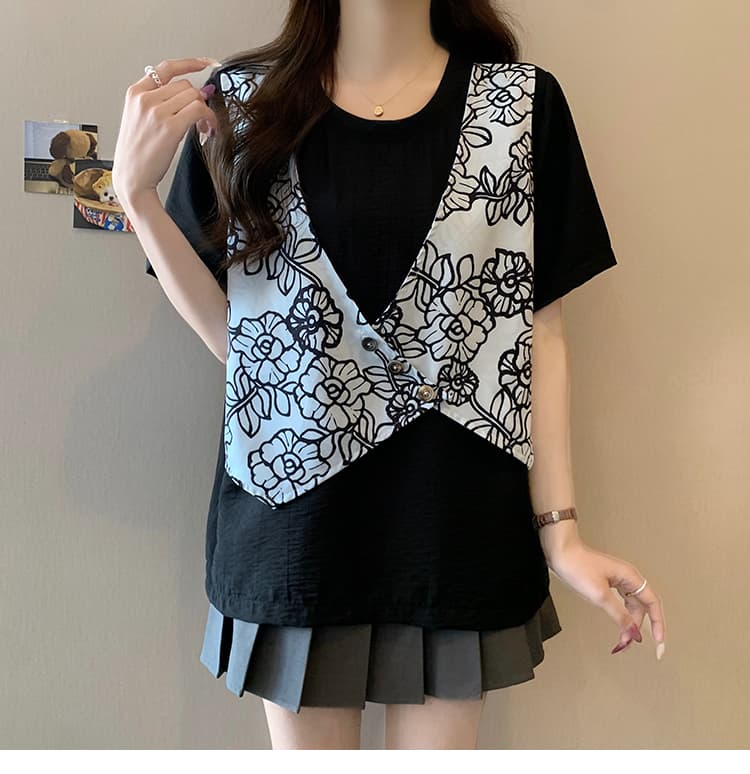 실사 빅 사이즈 패션 불규칙 패치워크 페이크 레이어드 반팔 T 여름 통통한 여동생 루즈핏 표지 배 편안함 맨위 상세 이미지 10