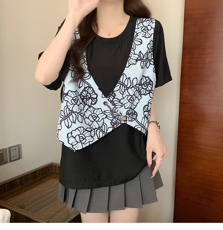 실사 빅 사이즈 패션 불규칙 패치워크 페이크 레이어드 반팔 T 여름 통통한 여동생 루즈핏 표지 배 편안함 맨위 상세 이미지 15