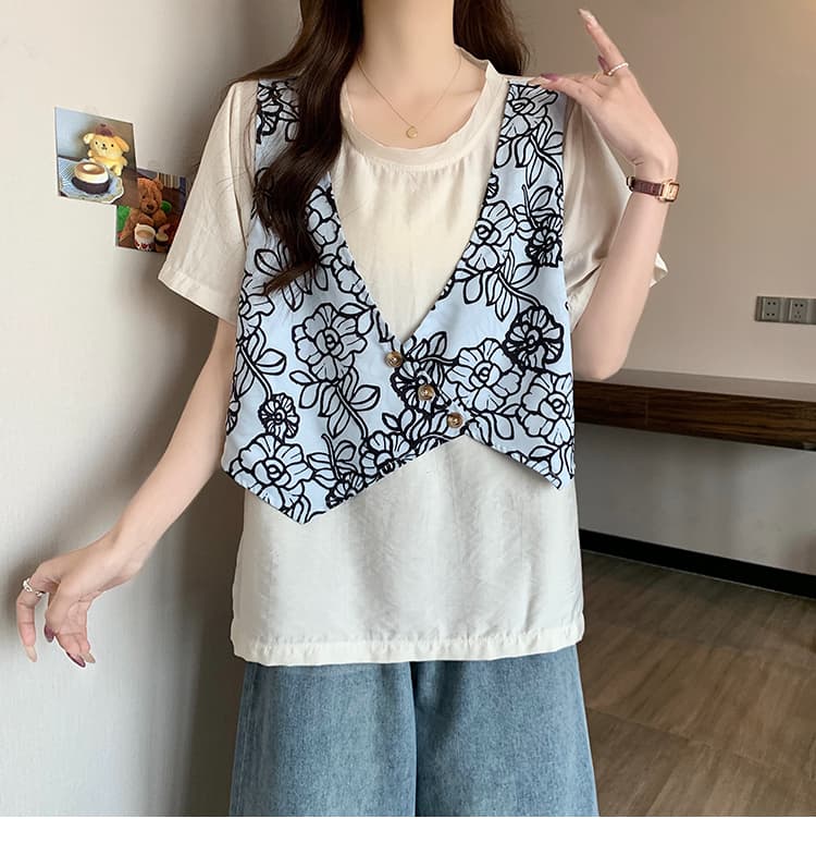 실사 빅 사이즈 패션 불규칙 패치워크 페이크 레이어드 반팔 T 여름 통통한 여동생 루즈핏 표지 배 편안함 맨위 상세 이미지 18