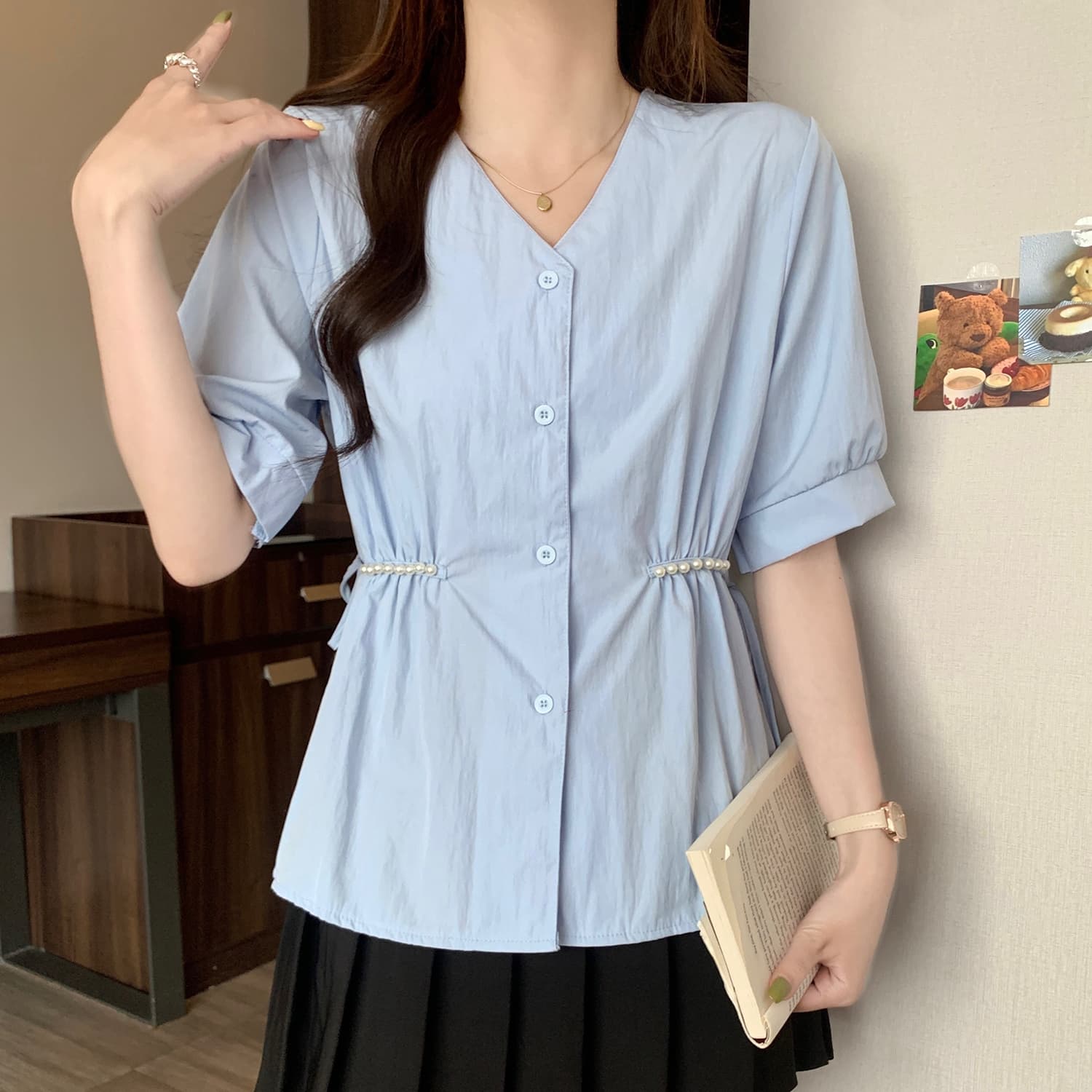 여름 새로운 진주 레이스업 허리 수축 슬림해 보이는 반팔 V넥 긍정적 인 어깨 셔츠 통통한 여동생 표지 배 편안함 맨위 이미지 2