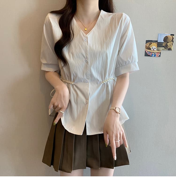 여름 새로운 진주 레이스업 허리 수축 슬림해 보이는 반팔 V넥 긍정적 인 어깨 셔츠 통통한 여동생 표지 배 편안함 맨위 상세 이미지 12