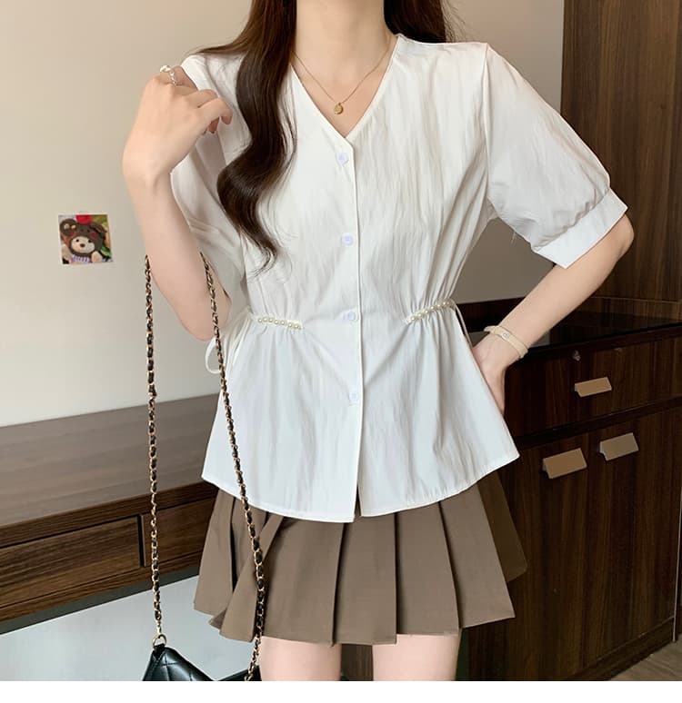 여름 새로운 진주 레이스업 허리 수축 슬림해 보이는 반팔 V넥 긍정적 인 어깨 셔츠 통통한 여동생 표지 배 편안함 맨위 상세 이미지 13