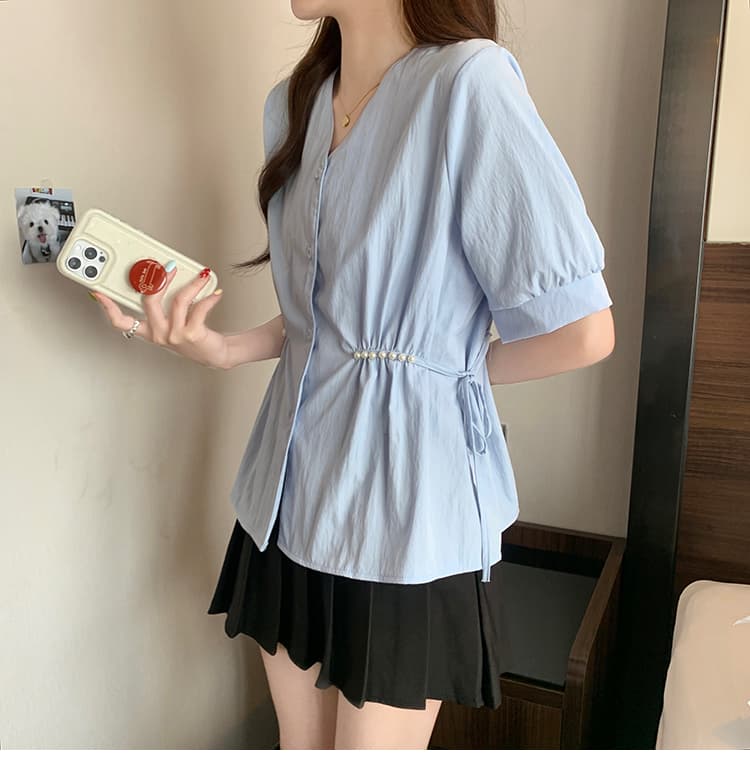 여름 새로운 진주 레이스업 허리 수축 슬림해 보이는 반팔 V넥 긍정적 인 어깨 셔츠 통통한 여동생 표지 배 편안함 맨위 상세 이미지 26