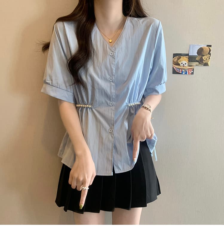 여름 새로운 진주 레이스업 허리 수축 슬림해 보이는 반팔 V넥 긍정적 인 어깨 셔츠 통통한 여동생 표지 배 편안함 맨위 상세 이미지 27