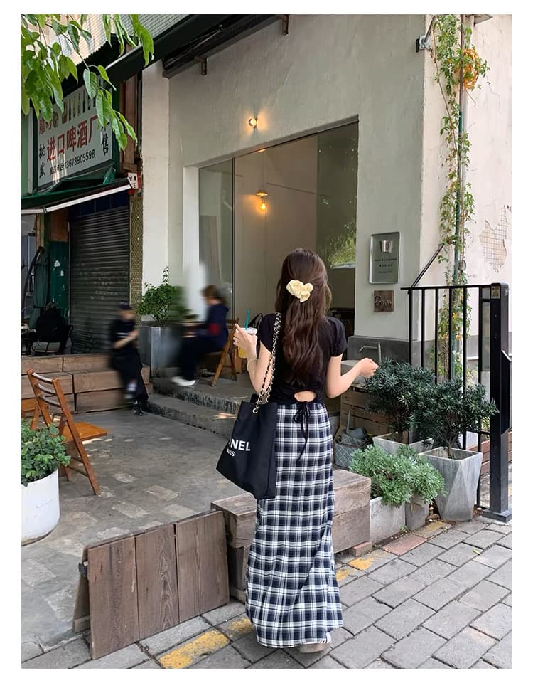 흑인과 백인 체크무늬 품격 슬림해 보이는 레트로 치마 반 스커트 여름 롱 스커트 여성 디자인 센스 패션 반신 스커트 상세 이미지 9