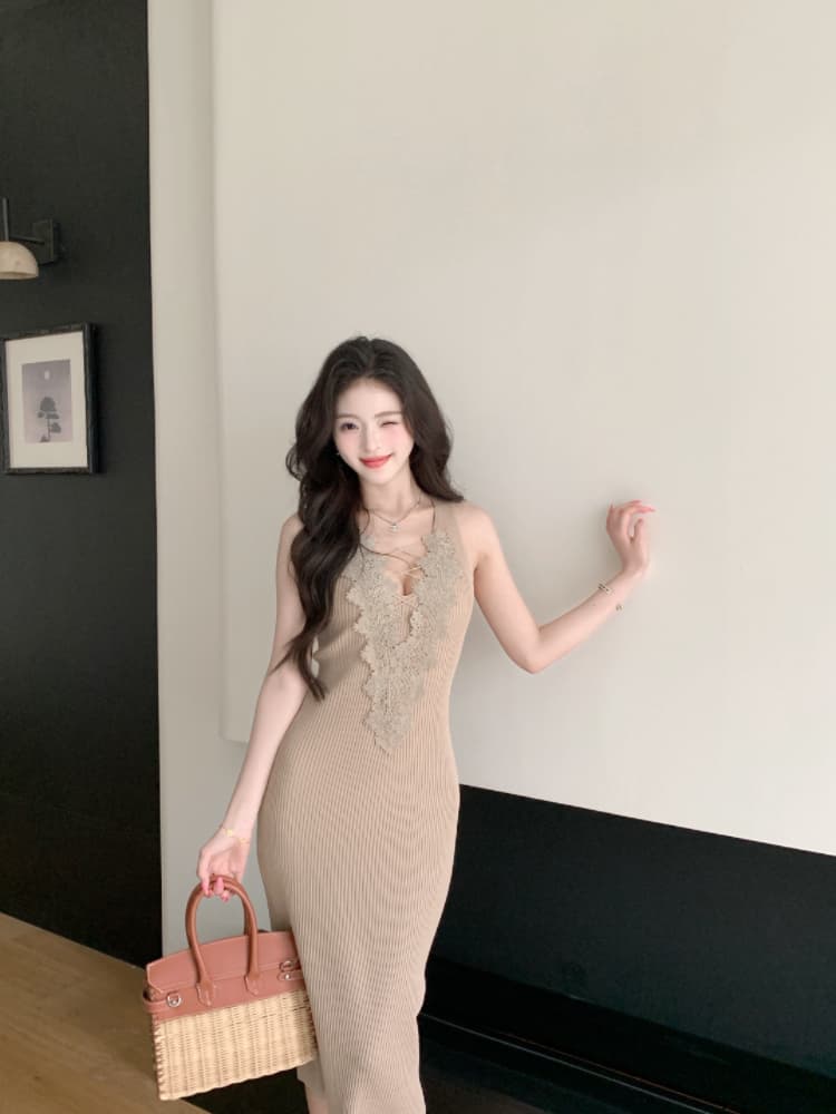레이스 조각 V넥 긴팔 니트 여성 드레스 봄 인사이드 가져 가라. 치마 순수한 욕망 바람 몸매 가꾸기 치마 타이트 스커트 미니 스커트 상세 이미지 4