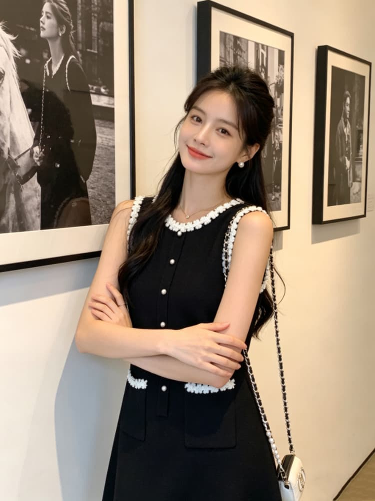 프랑스식 그는 벤 바람 검정색 콜라주 비즈 박기 꽃 라운드 넥 민소매 여성 드레스 여름 빛 럭셔리 우아함 스트레이트 치마