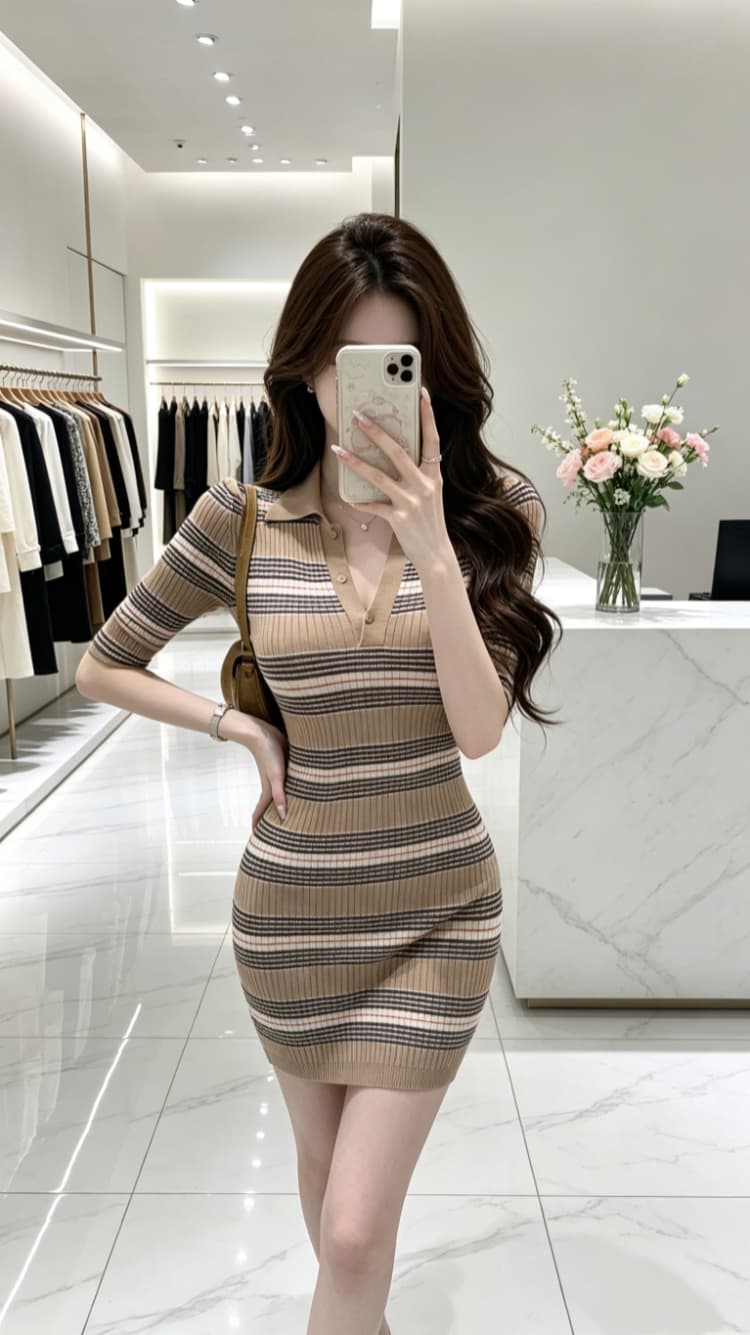 디자인 센스 POLO 칼라 스트라이프 품격 반팔 품격 2026 년 여름 cos 루즈핏 니트 스웨터 여성 드레스 상세 이미지 6