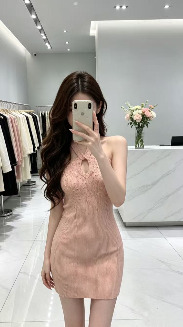명문 여성 홀로우 아웃 핫픽스 행침 목 민소매 니트 여성 드레스 부드러운 품격 로얄 자매 섹시함 몸매 가꾸기 타이트 스커트 치마 이미지 2