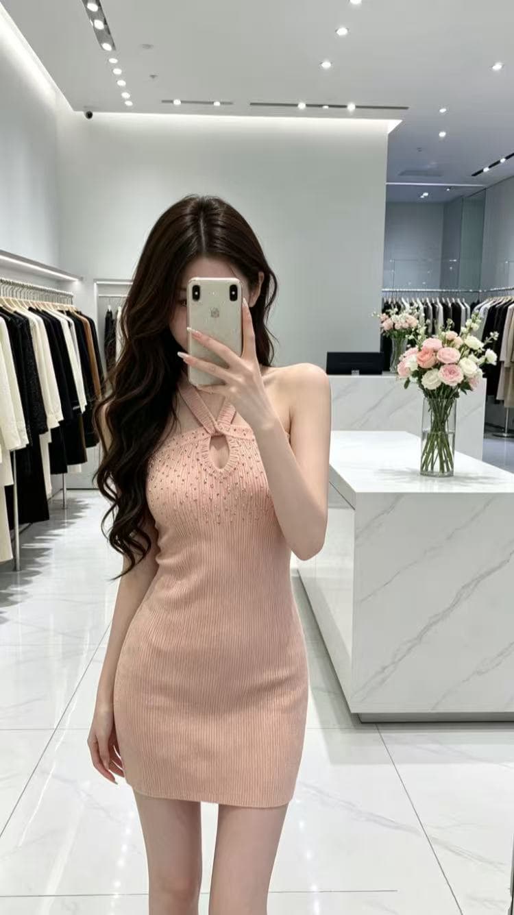 명문 여성 홀로우 아웃 핫픽스 행침 목 민소매 니트 여성 드레스 부드러운 품격 로얄 자매 섹시함 몸매 가꾸기 타이트 스커트 치마 상세 이미지 3