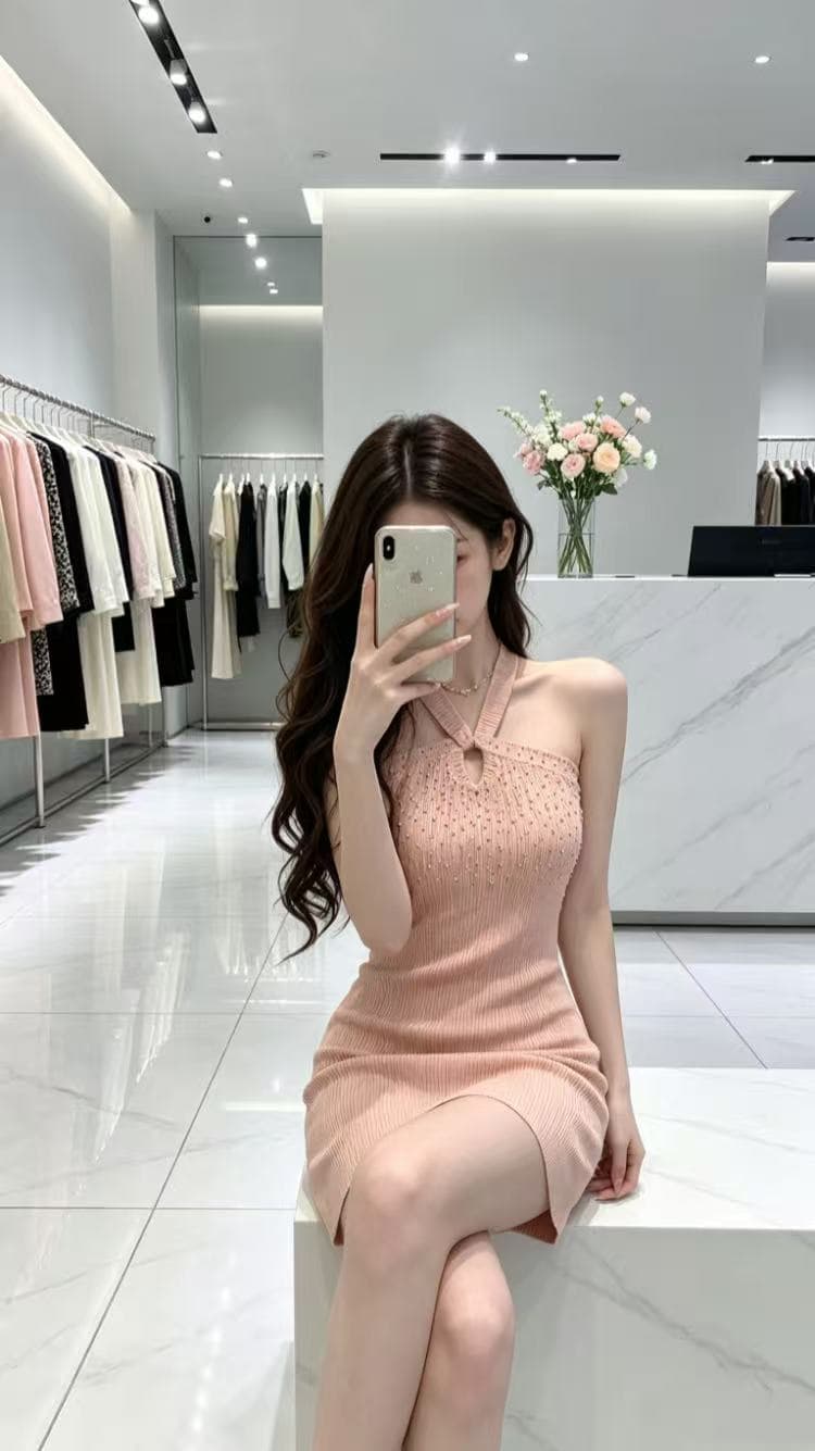 명문 여성 홀로우 아웃 핫픽스 행침 목 민소매 니트 여성 드레스 부드러운 품격 로얄 자매 섹시함 몸매 가꾸기 타이트 스커트 치마 상세 이미지 5