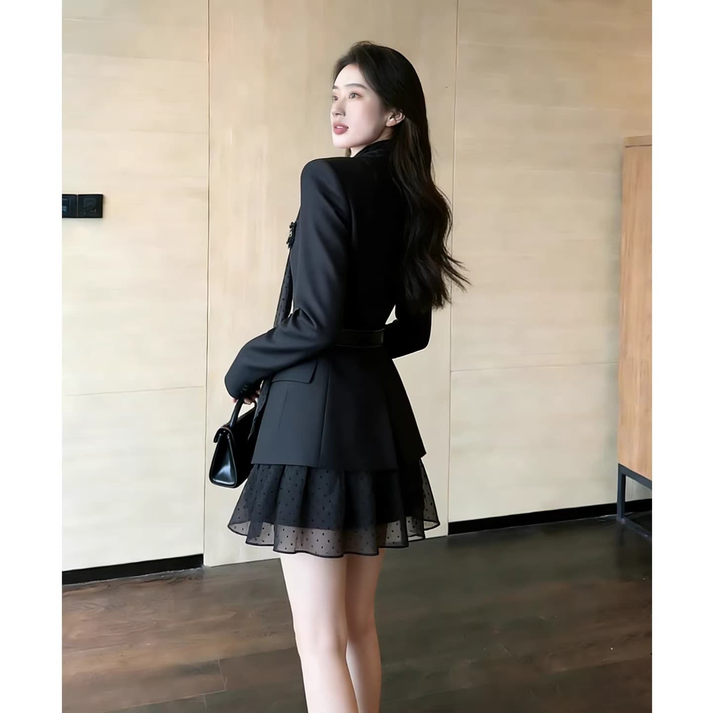 감기 부유 한 가족 천 골드 착용 가져 가라. 그는 벤 바람 고급 센스 망사 패치워크 검정색 두 조각 정장 드레스 아이들 상세 이미지 5