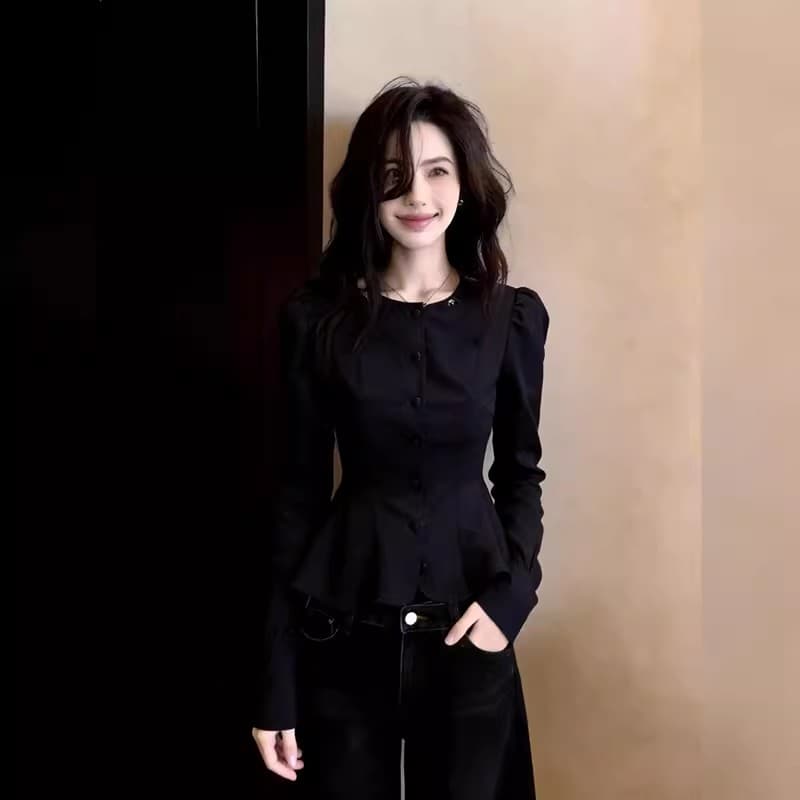 빛 럭셔리 바람 검정색 거품 소매 단추 허리 수축 셔츠 맨위 여성 몸매 가꾸기 다용도 출퇴근 2026 년 새로운 잘 생긴 상세 이미지 3