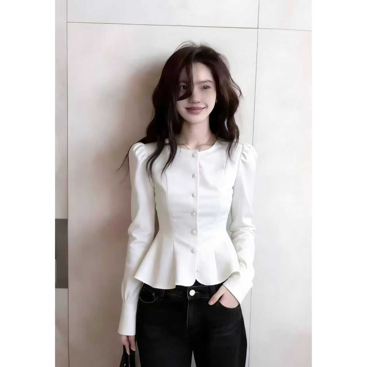 빛 럭셔리 바람 검정색 거품 소매 단추 허리 수축 셔츠 맨위 여성 몸매 가꾸기 다용도 출퇴근 2026 년 새로운 잘 생긴 이미지 3