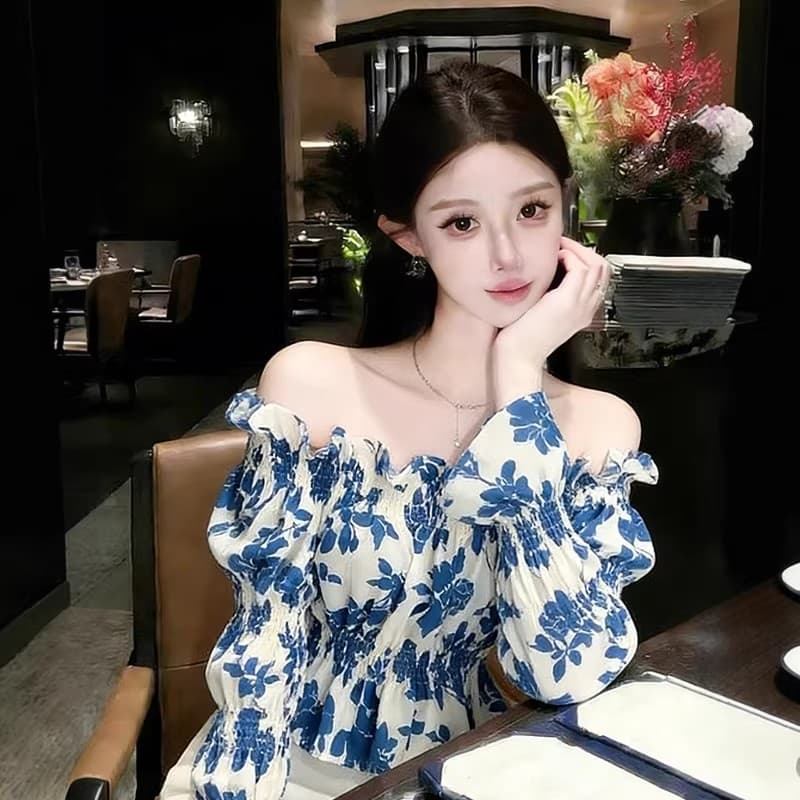 여름 프랑스식 Chic 오프숄더 맨위 여성 봄 드레스 새로운 꽃무늬 셔츠 chic 오프숄더 긴팔 달콤함 셔츠 이미지 2