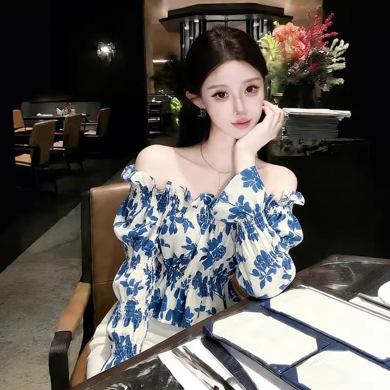 여름 프랑스식 Chic 오프숄더 맨위 여성 봄 드레스 새로운 꽃무늬 셔츠 chic 오프숄더 긴팔 달콤함 셔츠 상세 이미지 7