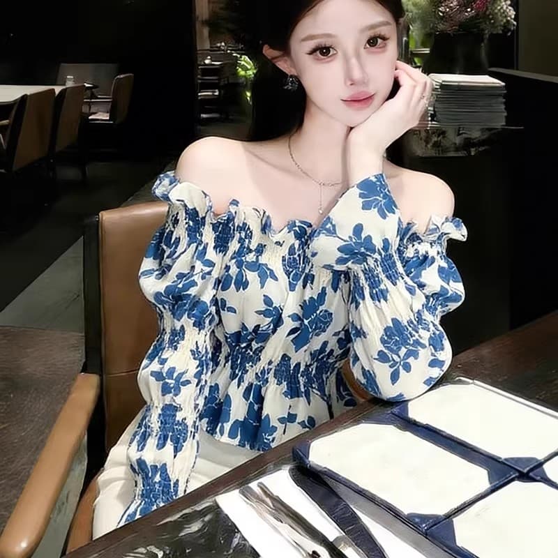 여름 프랑스식 Chic 오프숄더 맨위 여성 봄 드레스 새로운 꽃무늬 셔츠 chic 오프숄더 긴팔 달콤함 셔츠 상세 이미지 9