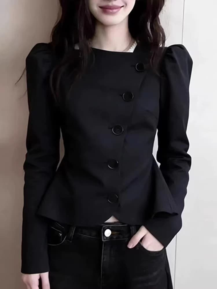 고급 센스 빛 럭셔리 검정색 거품 소매 불규칙 여성 셔츠 2026 봄 새로운 품격 패션 슬림해 보이는 맨위 상세 이미지 7