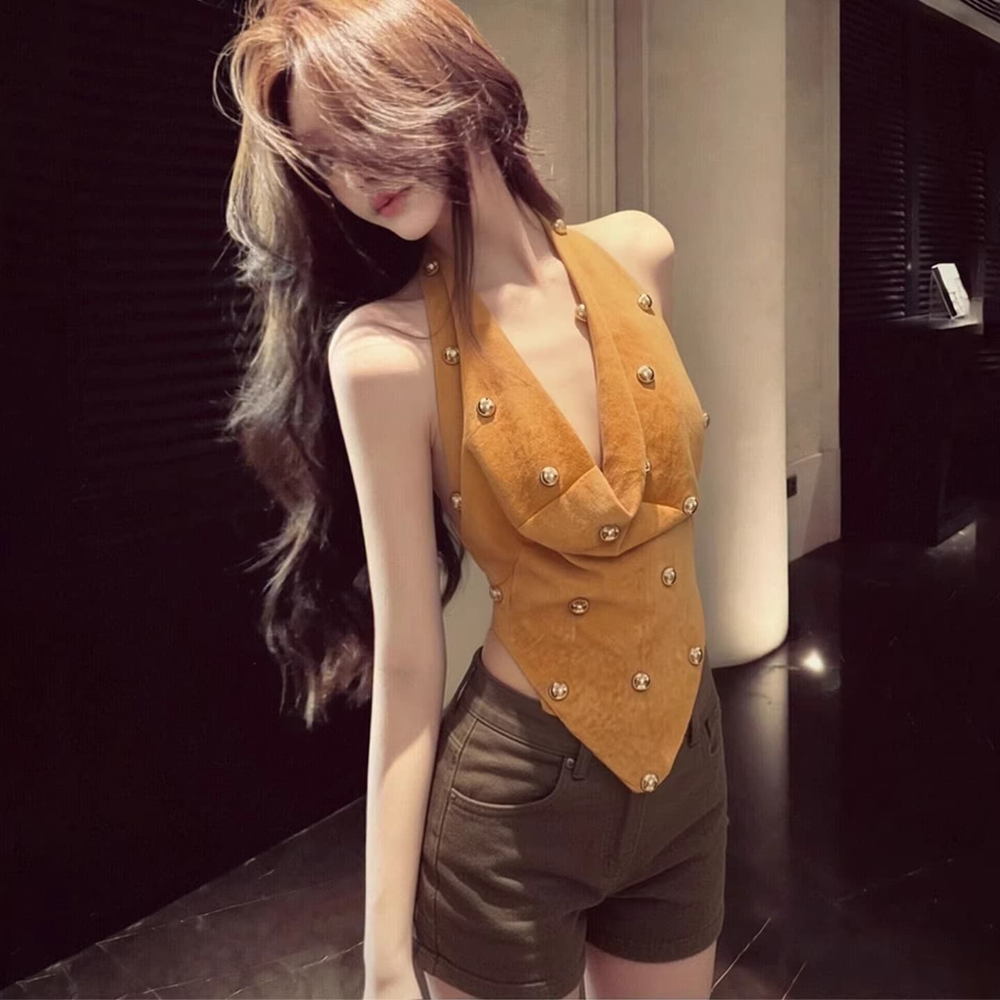 빛 요리 한 바람 흔들다 칼라 불규칙 행침 목 조끼 여성 2026 여름 레트로 로얄 자매 바람 슬림해 보이는 고급 센스 민소매 맨위 이미지 3