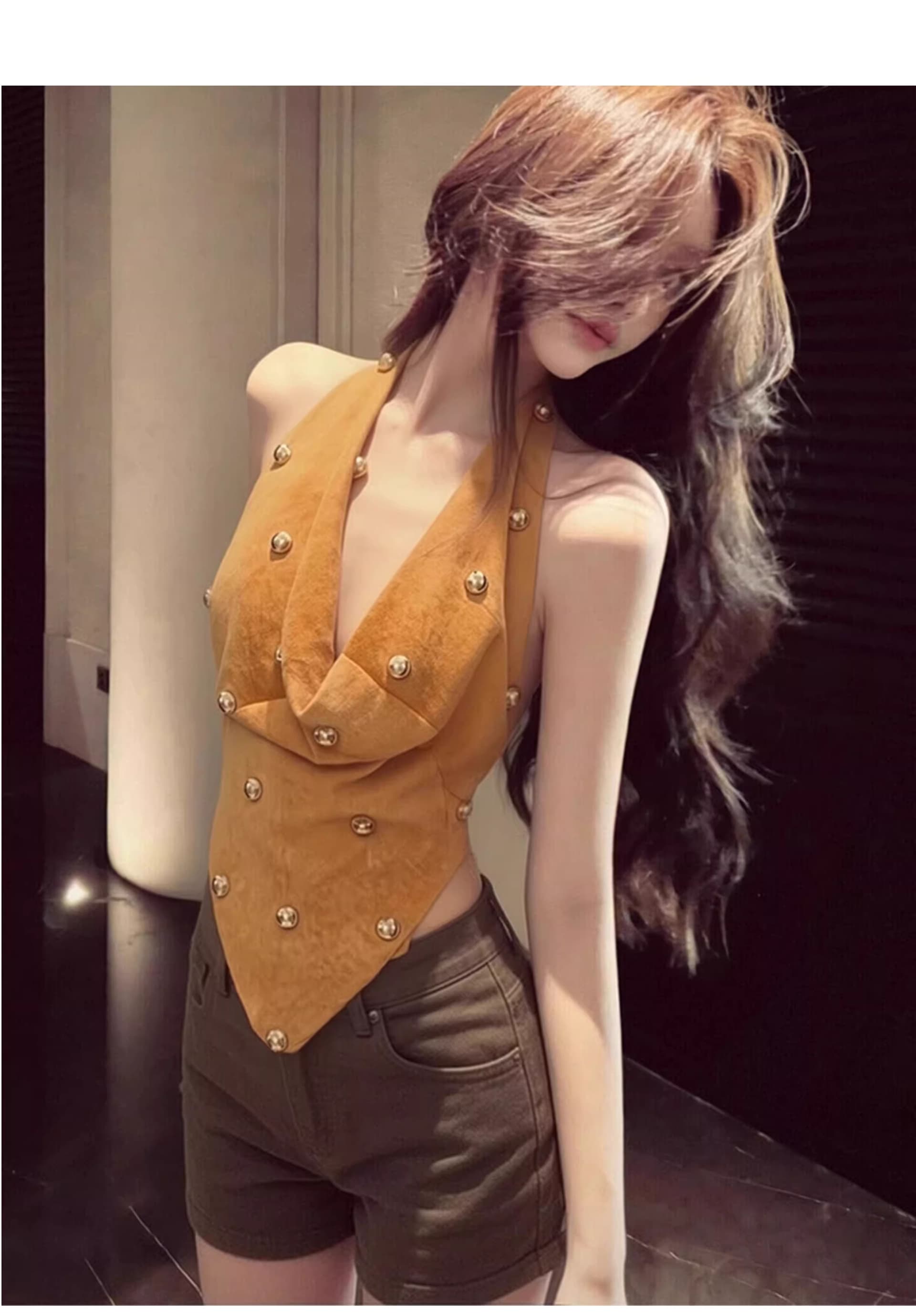 빛 요리 한 바람 흔들다 칼라 불규칙 행침 목 조끼 여성 2026 여름 레트로 로얄 자매 바람 슬림해 보이는 고급 센스 민소매 맨위 상세 이미지 3