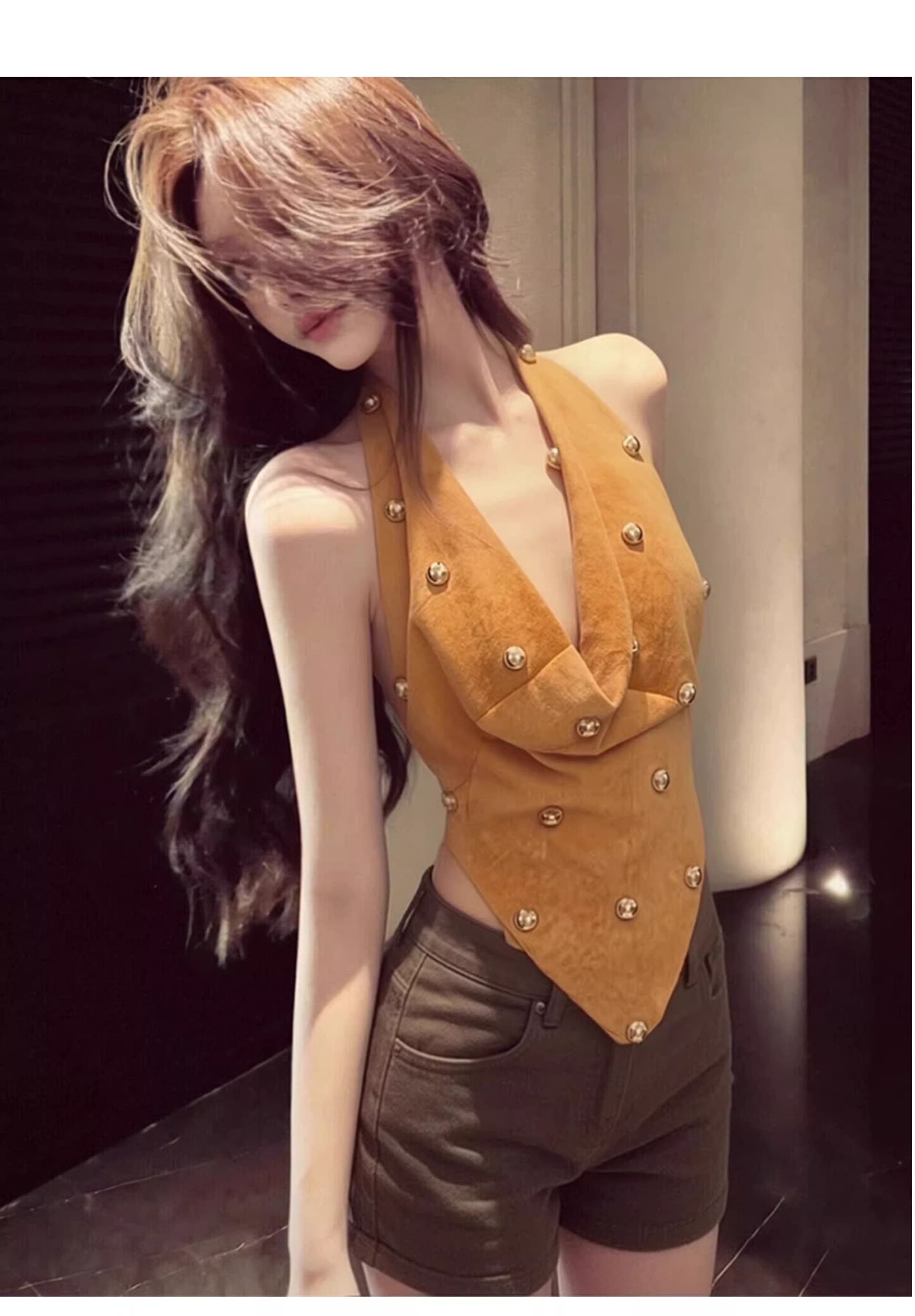 빛 요리 한 바람 흔들다 칼라 불규칙 행침 목 조끼 여성 2026 여름 레트로 로얄 자매 바람 슬림해 보이는 고급 센스 민소매 맨위 상세 이미지 4
