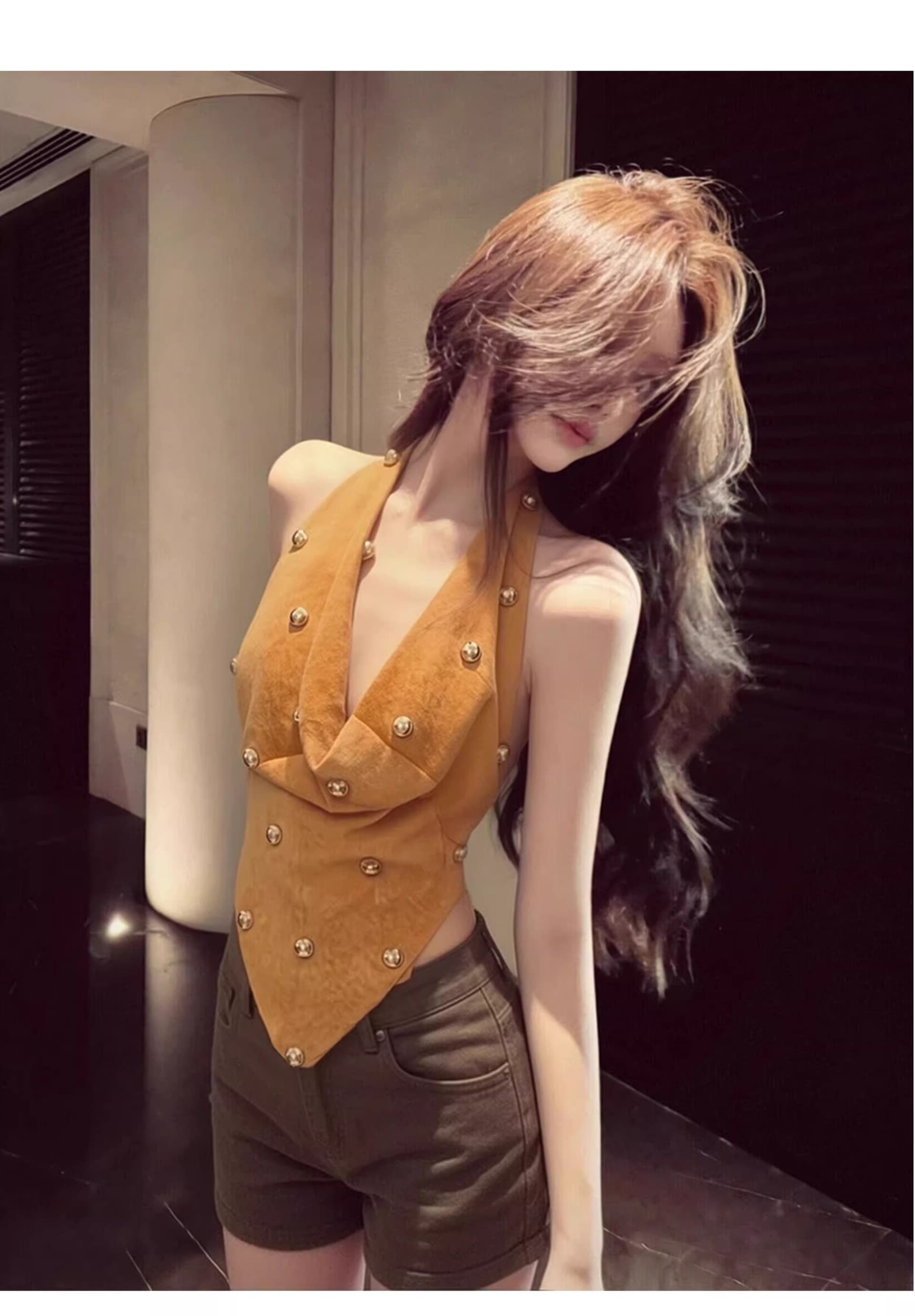 빛 요리 한 바람 흔들다 칼라 불규칙 행침 목 조끼 여성 2026 여름 레트로 로얄 자매 바람 슬림해 보이는 고급 센스 민소매 맨위 상세 이미지 5