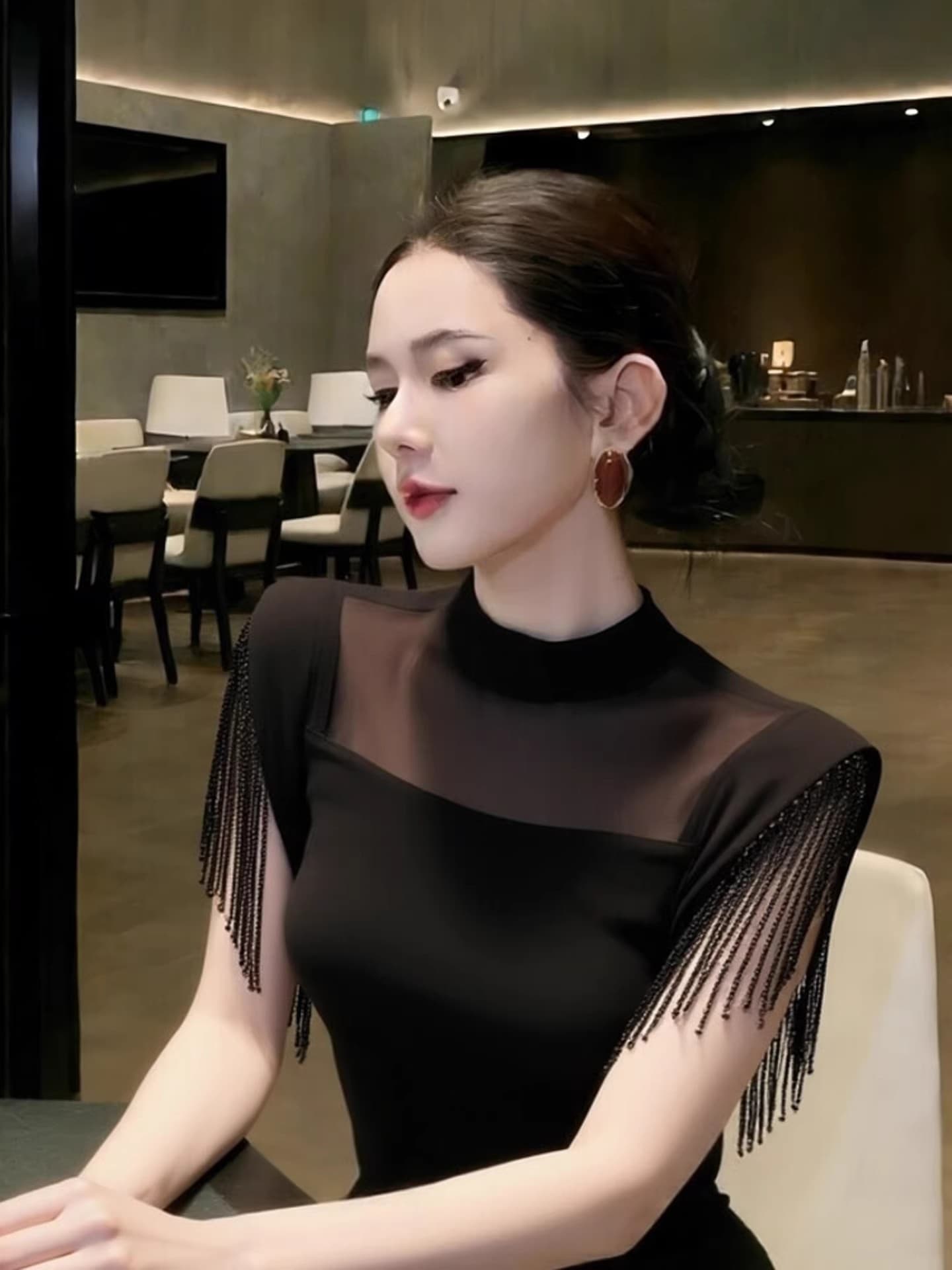 고유 한 아름다운 검정색 술 맨위 2026 봄 프랑스식 품격 고급 절묘한 패션 외국 가스 허리 수축 셔츠 상세 이미지 5