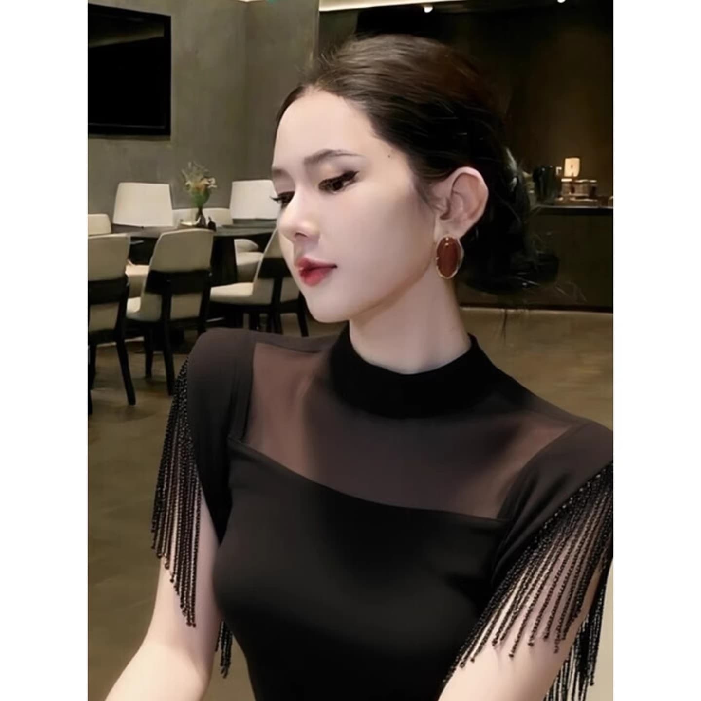 고유 한 아름다운 검정색 술 맨위 2026 봄 프랑스식 품격 고급 절묘한 패션 외국 가스 허리 수축 셔츠 상세 이미지 12