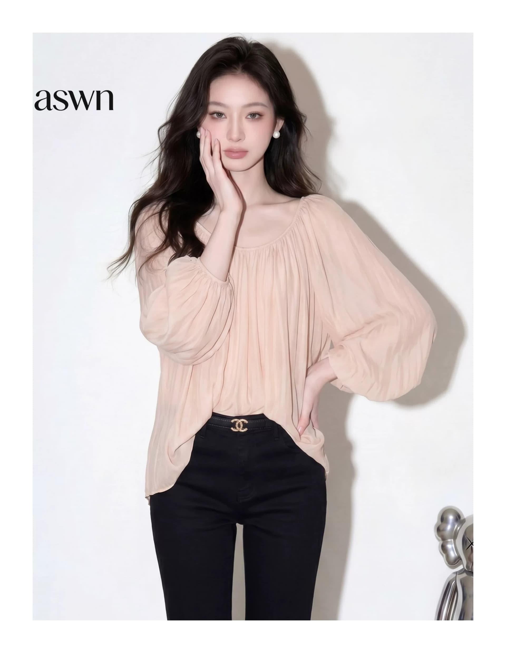 aswn 프랑스식 벌룬 소매 쉬폰 여성 셔츠 여름 2026 새로운 고유 한 아름다운 디자인 센스 핀치 Pleat 마이크로 ~을 통해 의류 이미지 2