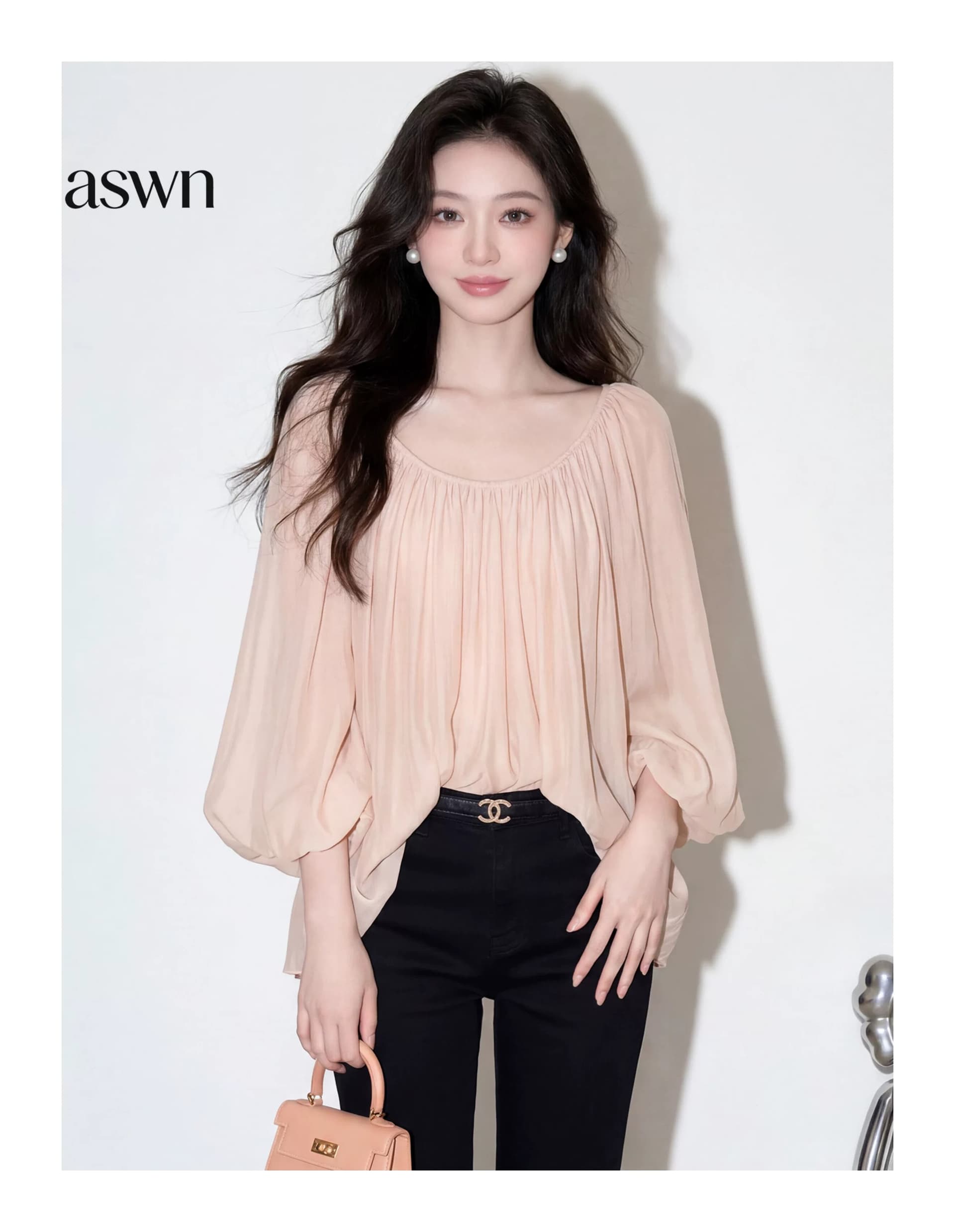 aswn 프랑스식 벌룬 소매 쉬폰 여성 셔츠 여름 2026 새로운 고유 한 아름다운 디자인 센스 핀치 Pleat 마이크로 ~을 통해 의류 이미지 3